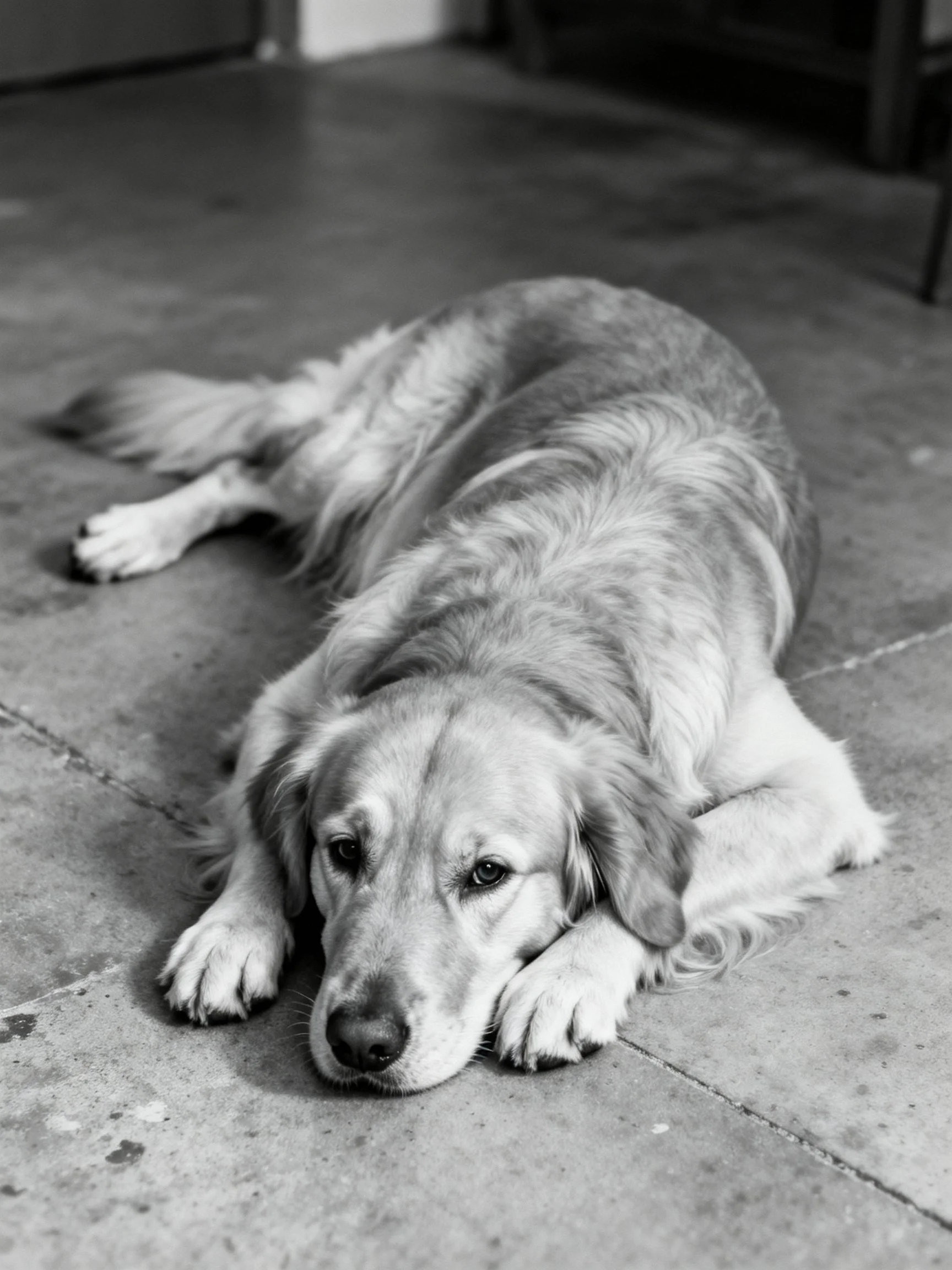 A golden retriever rests on a smooth concrete floor