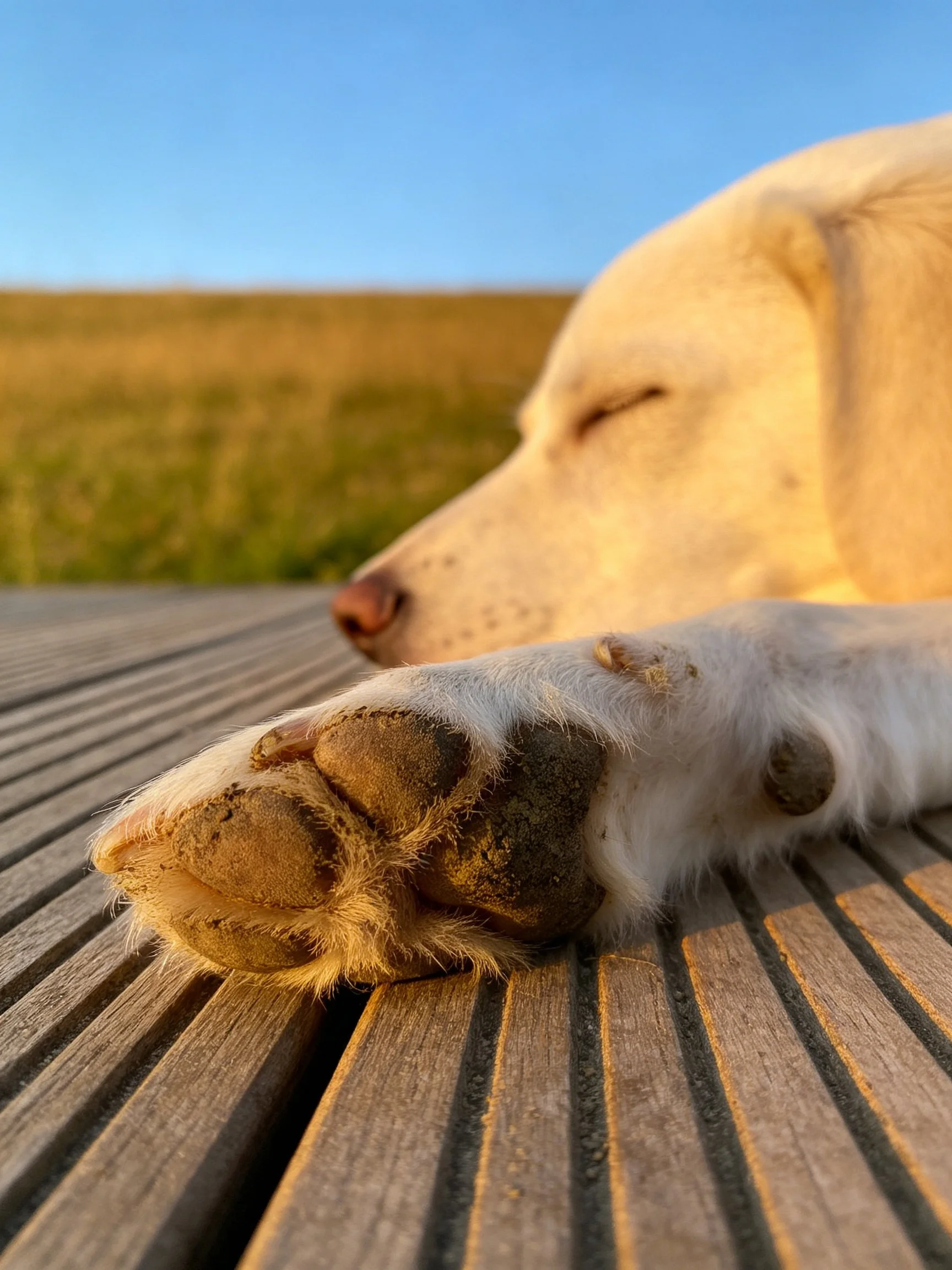 A golden retriever sleeps on a wooden deck outdoors.