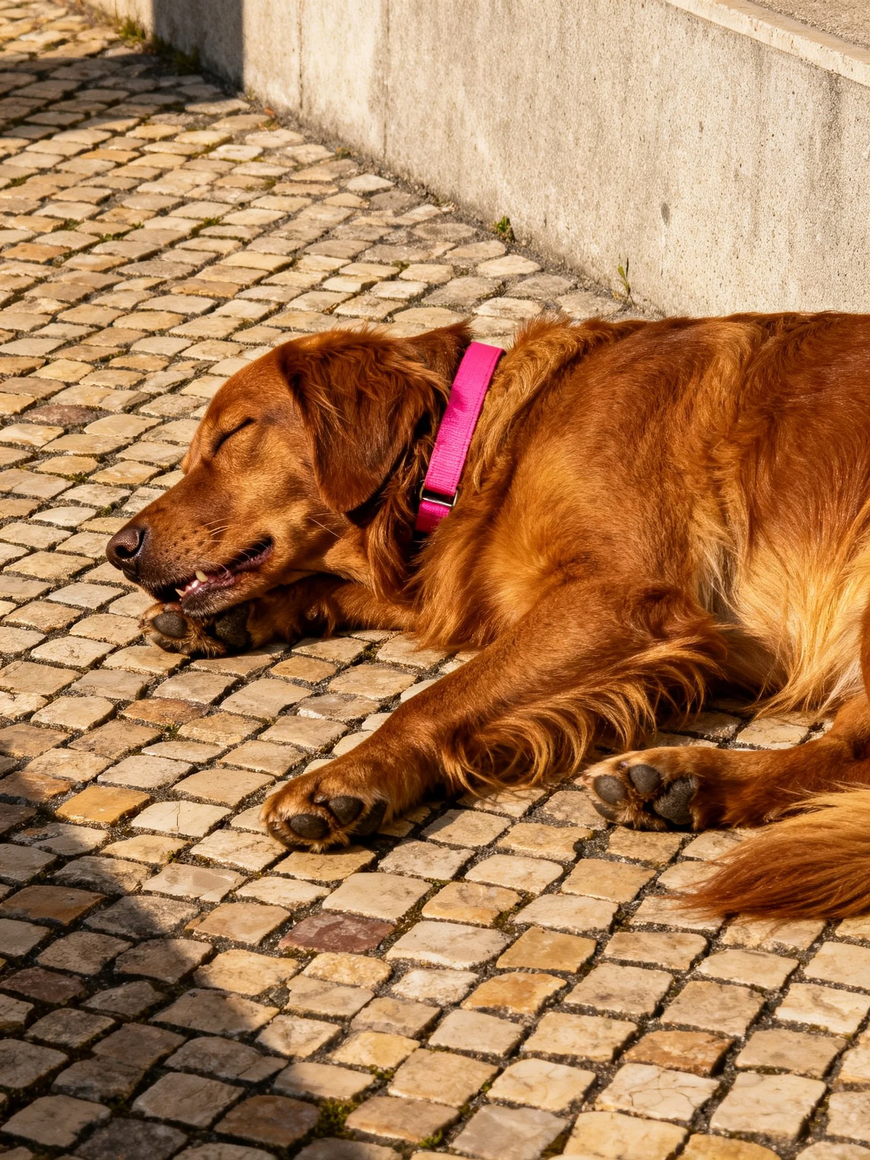 A golden retriever relaxes on cobblestone pavement in sunlight.