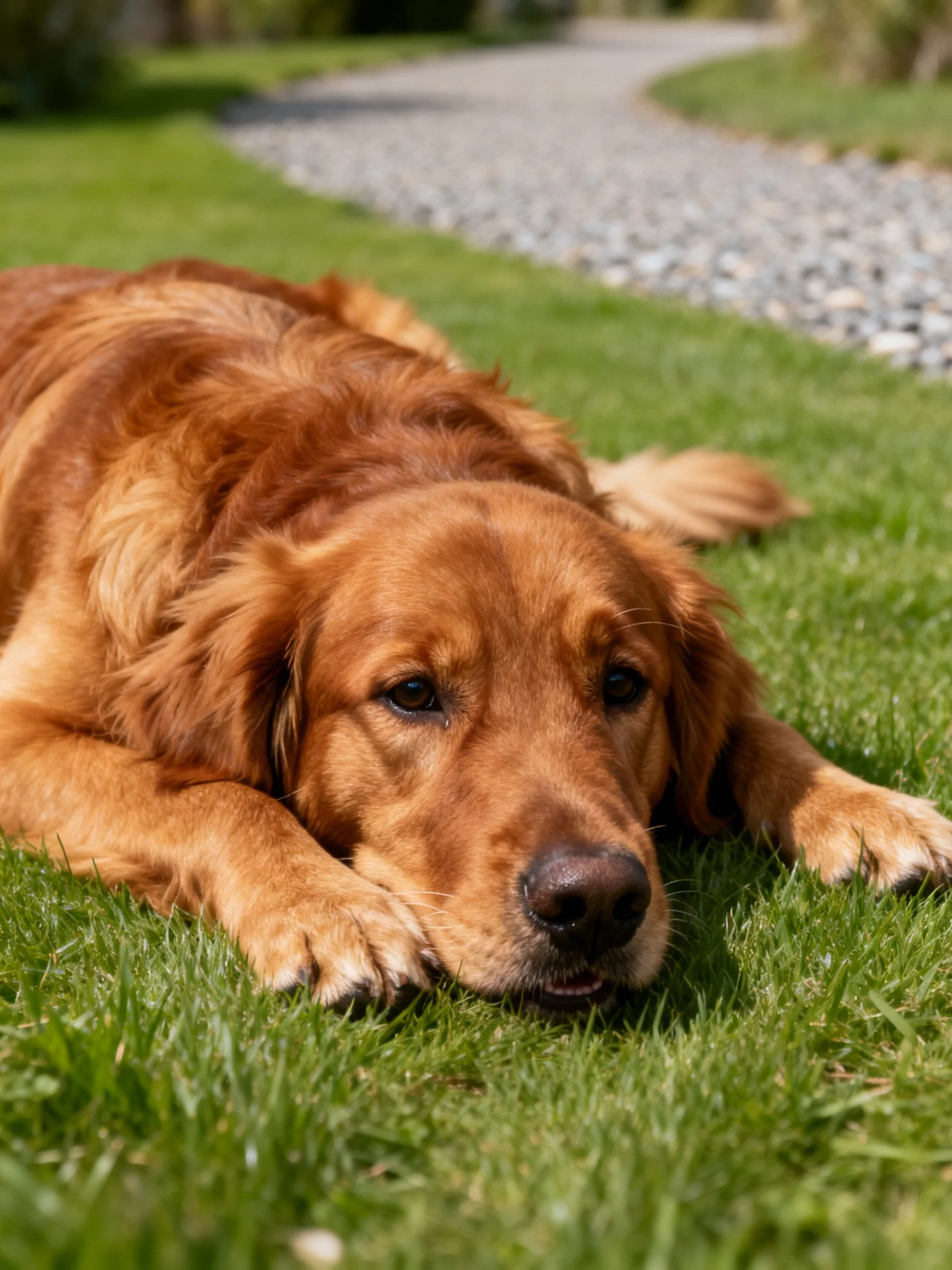 A golden retriever lies calmly on green grass in a sunny outdoor area.