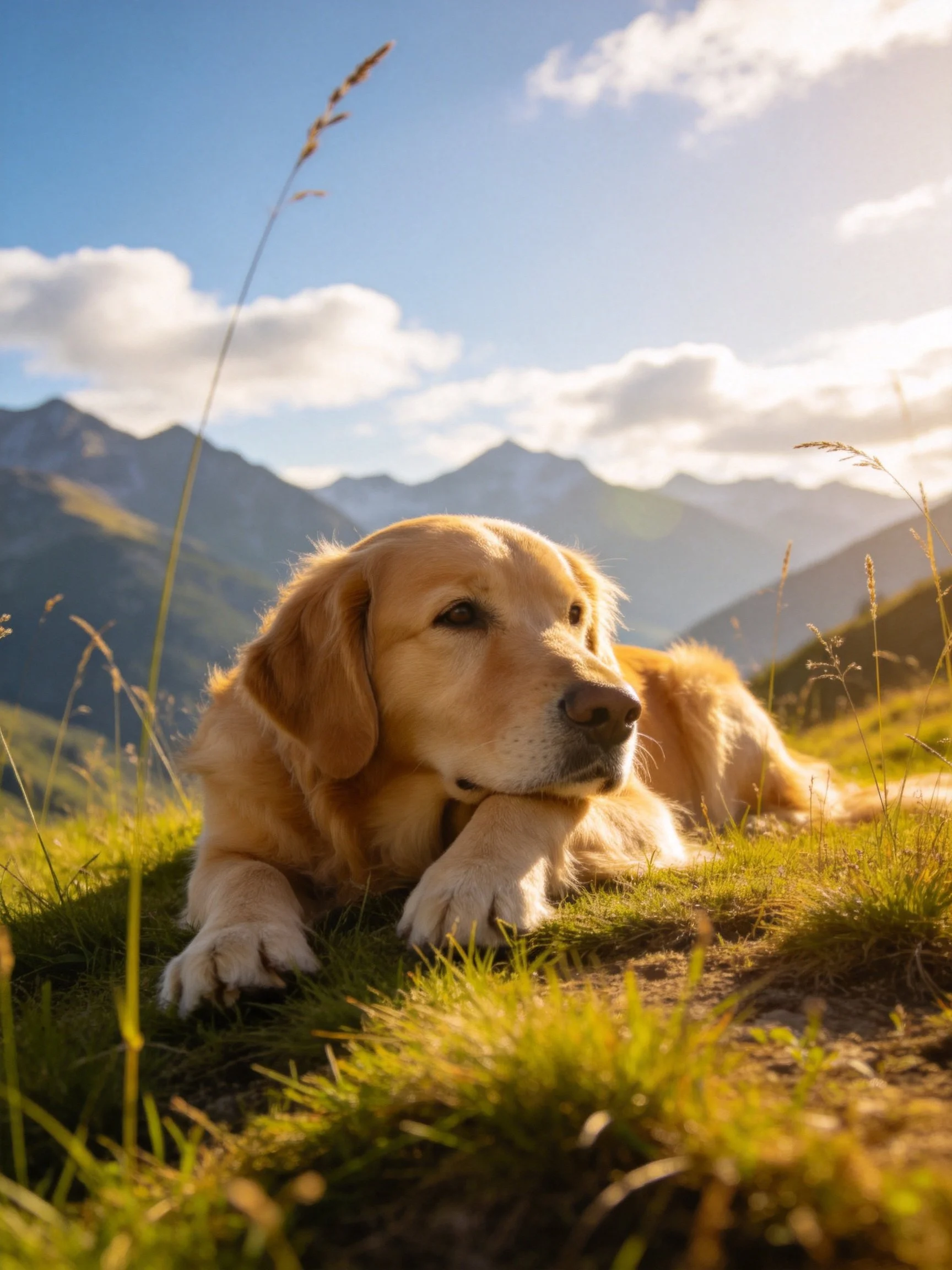 Golden retriever relaxes on grass with mountainous landscape under sunny skies