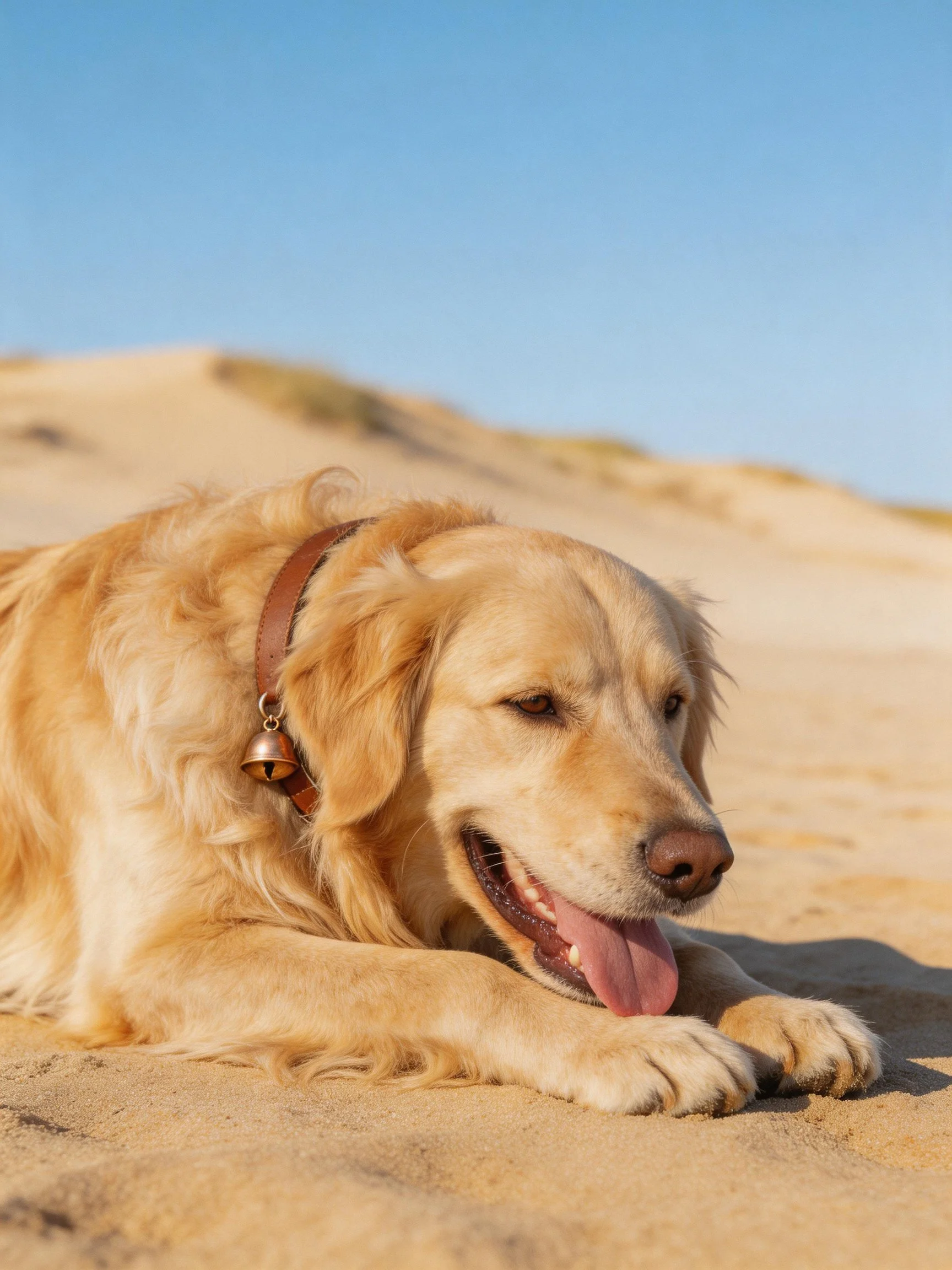 A golden retriever relaxes on sandy ground with dunes in the background.