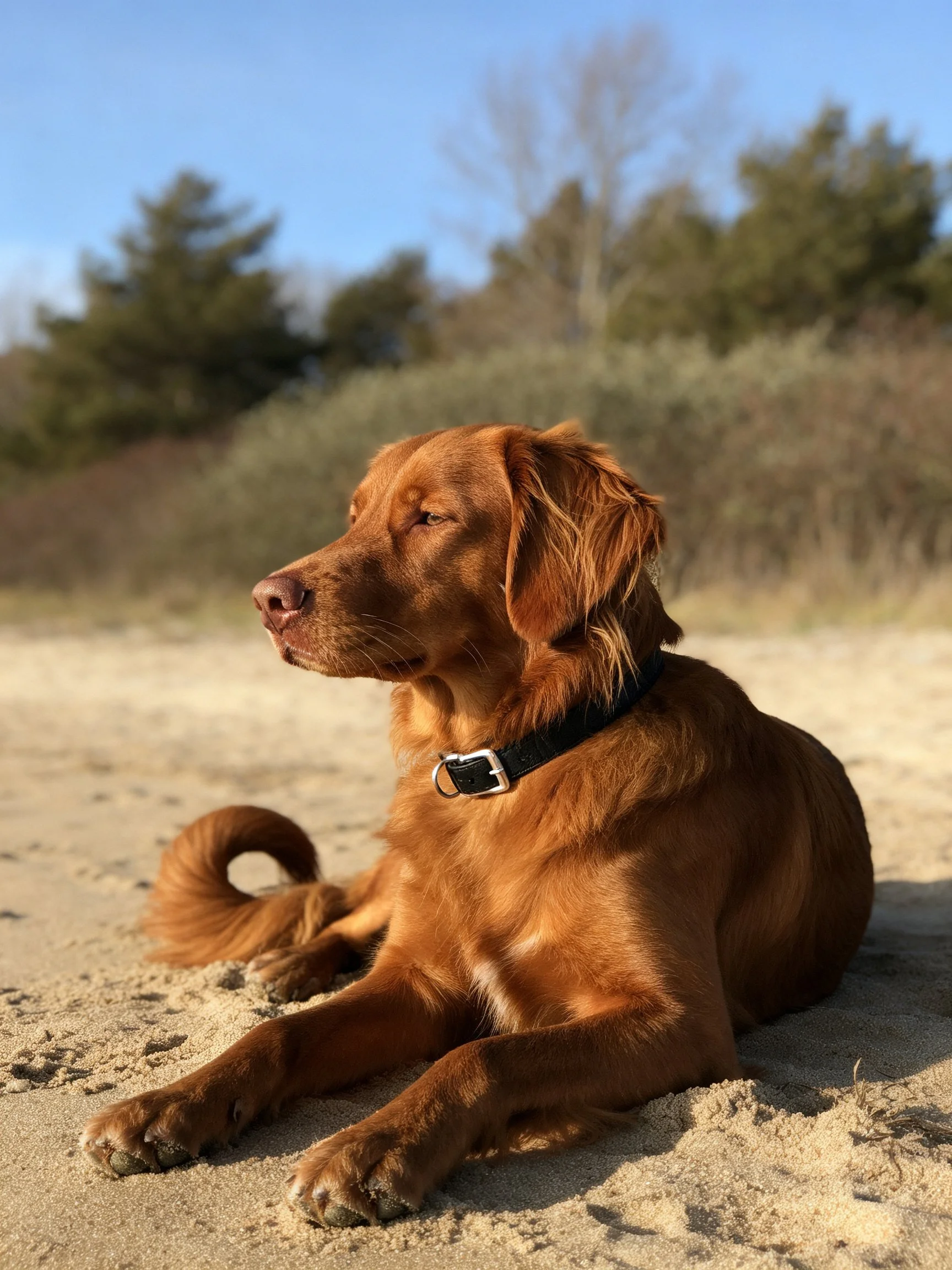 A golden retriever relaxes on sand with vegetation in the background.