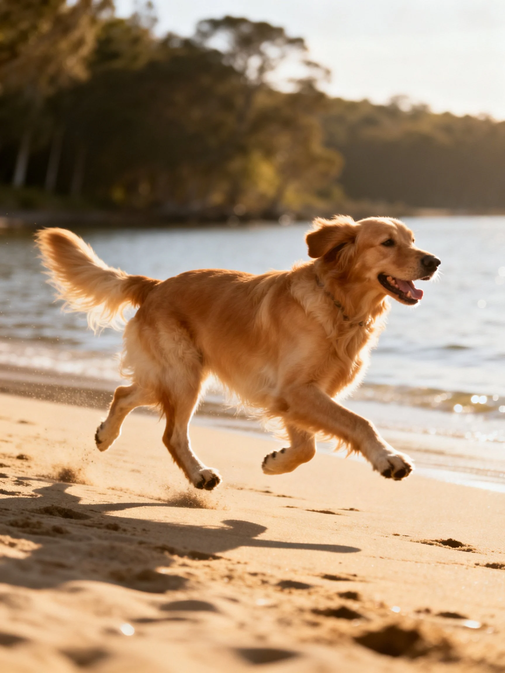A golden retriever running joyfully on a sandy beach