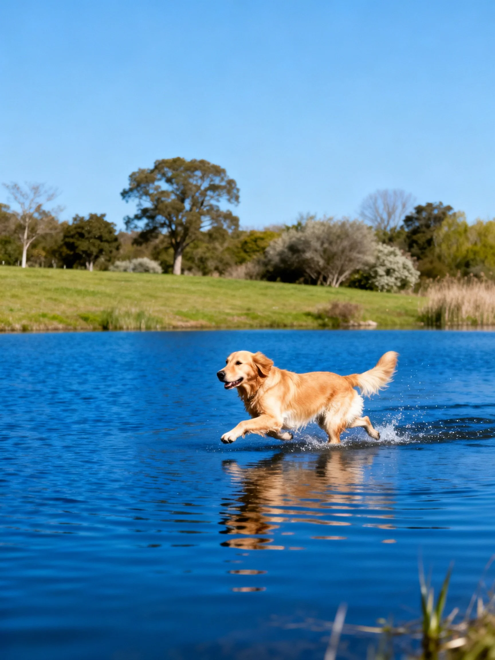 A golden retriever running through clear blue water near a green meadow