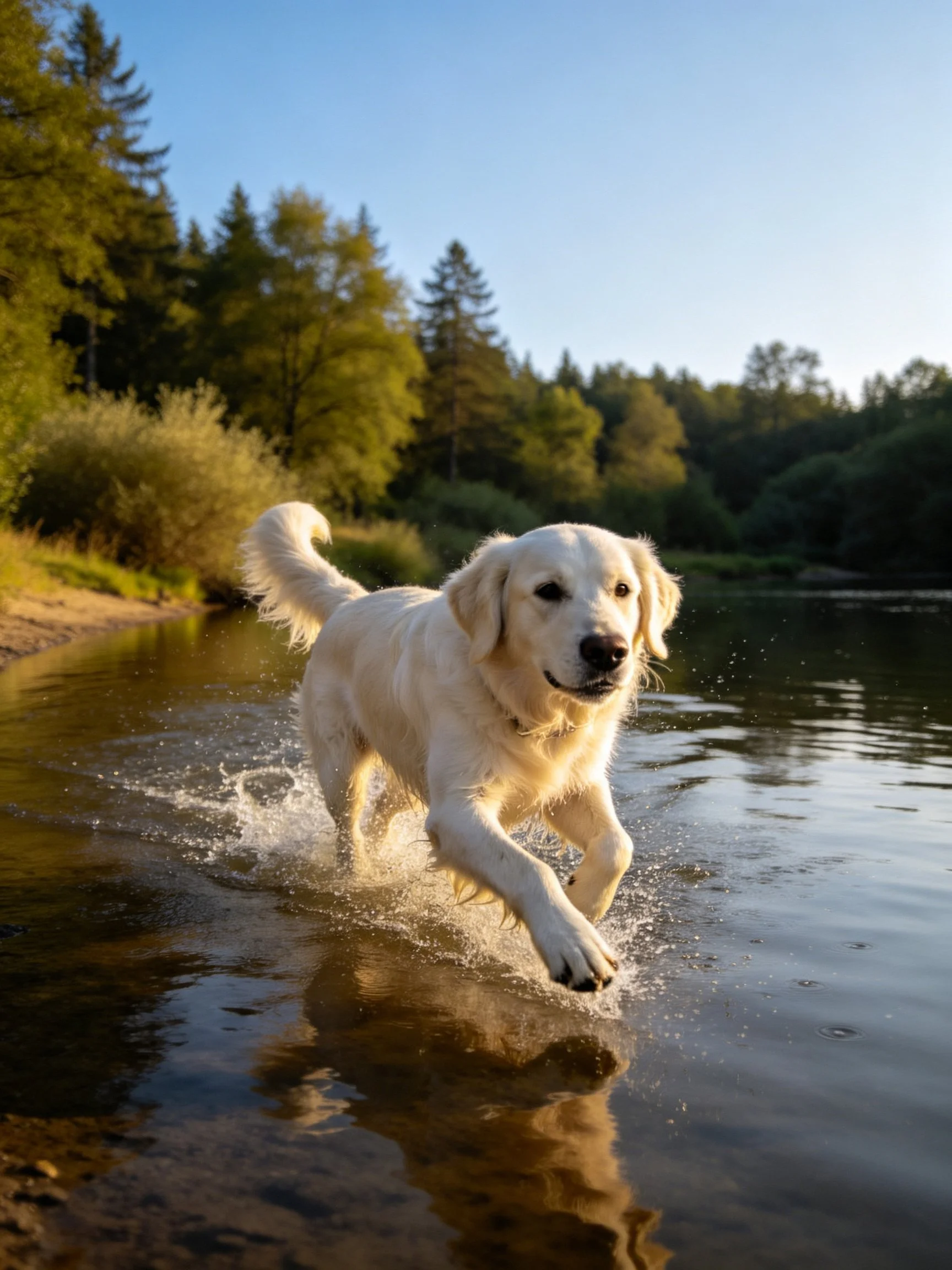 A golden retriever running through shallow river water near a forest