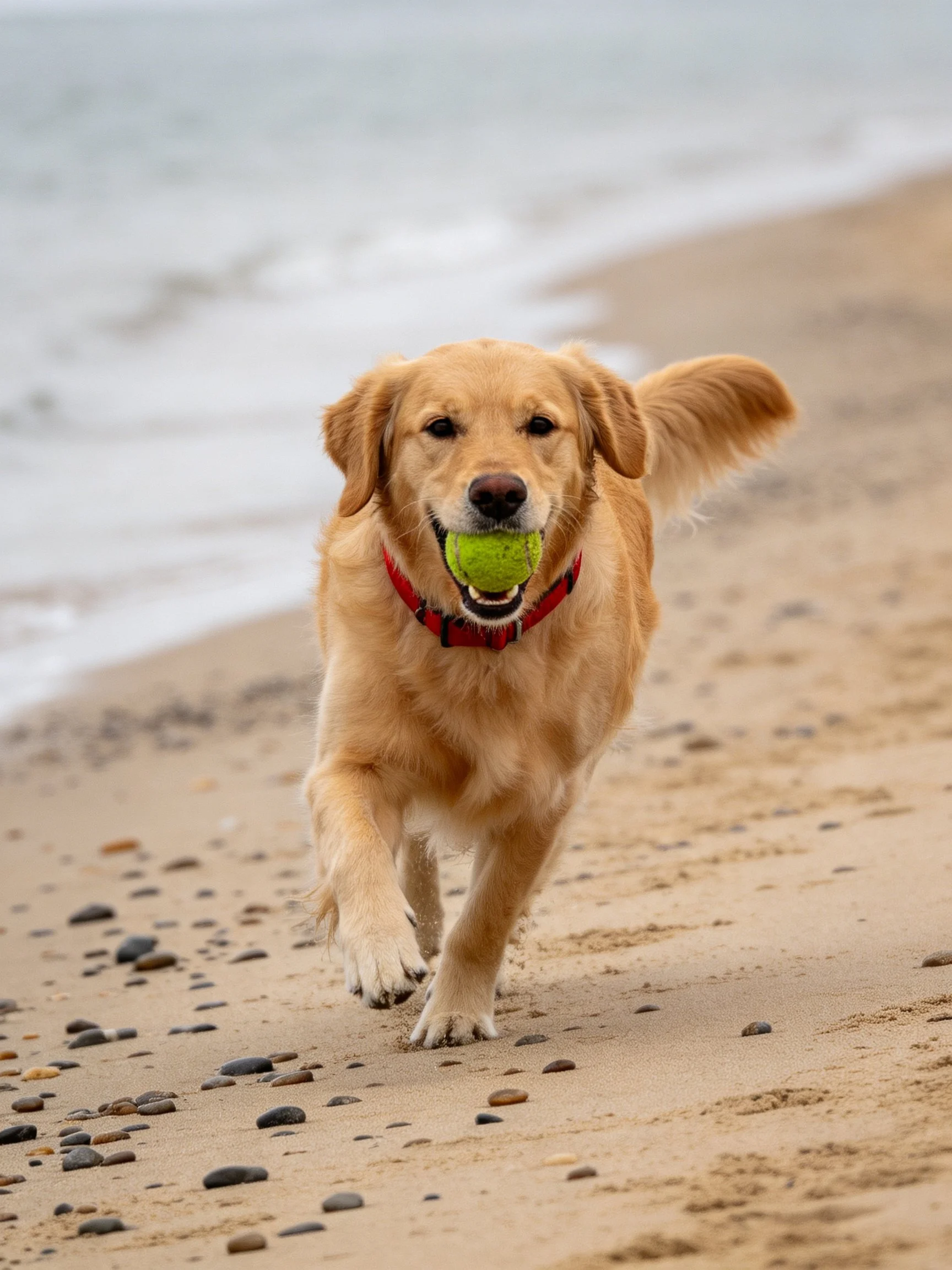 A golden retriever carries a tennis ball while running on a sandy beach near the ocean.