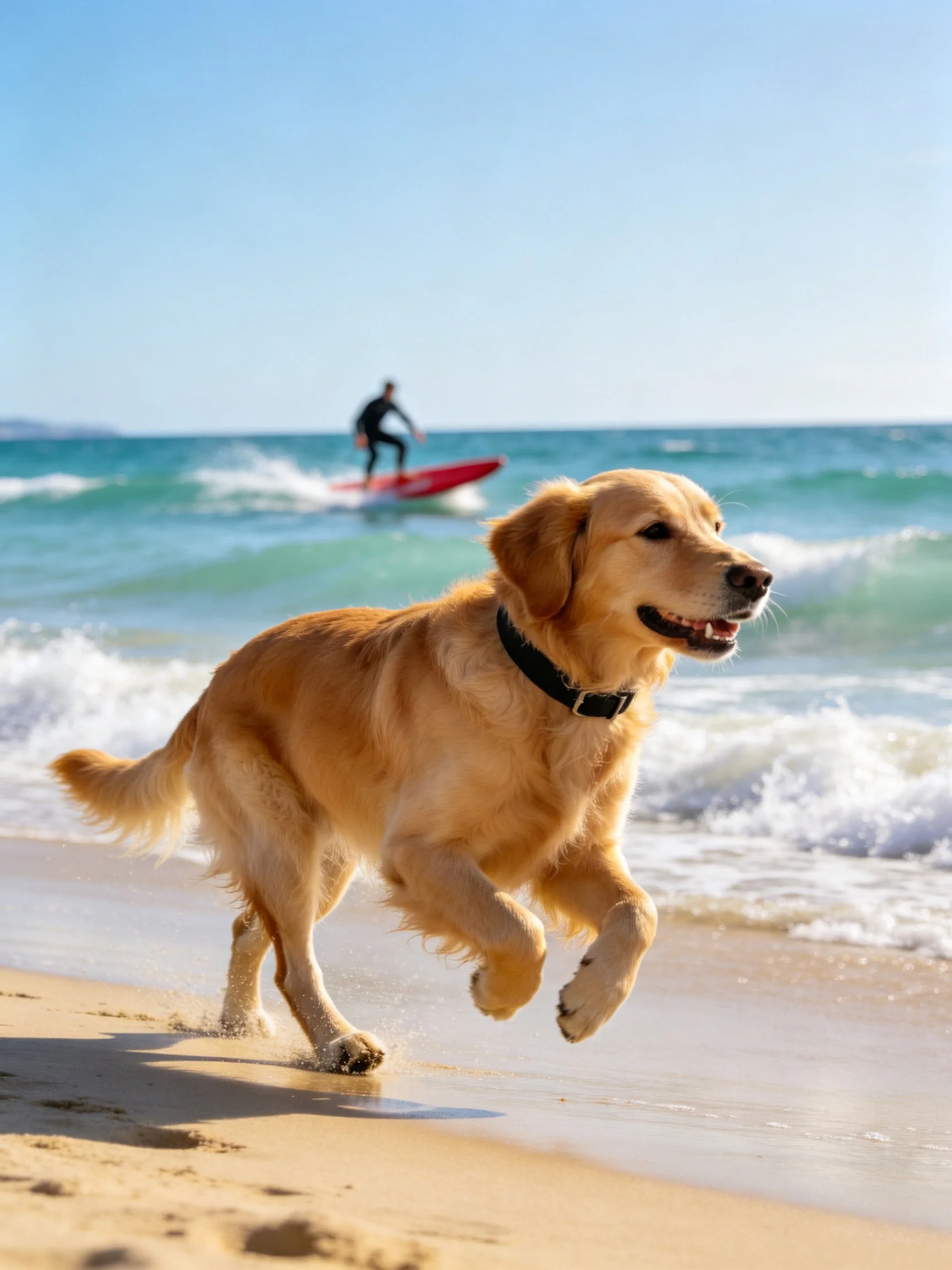 A golden retriever runs on a sandy beach while a surfer rides waves nearby