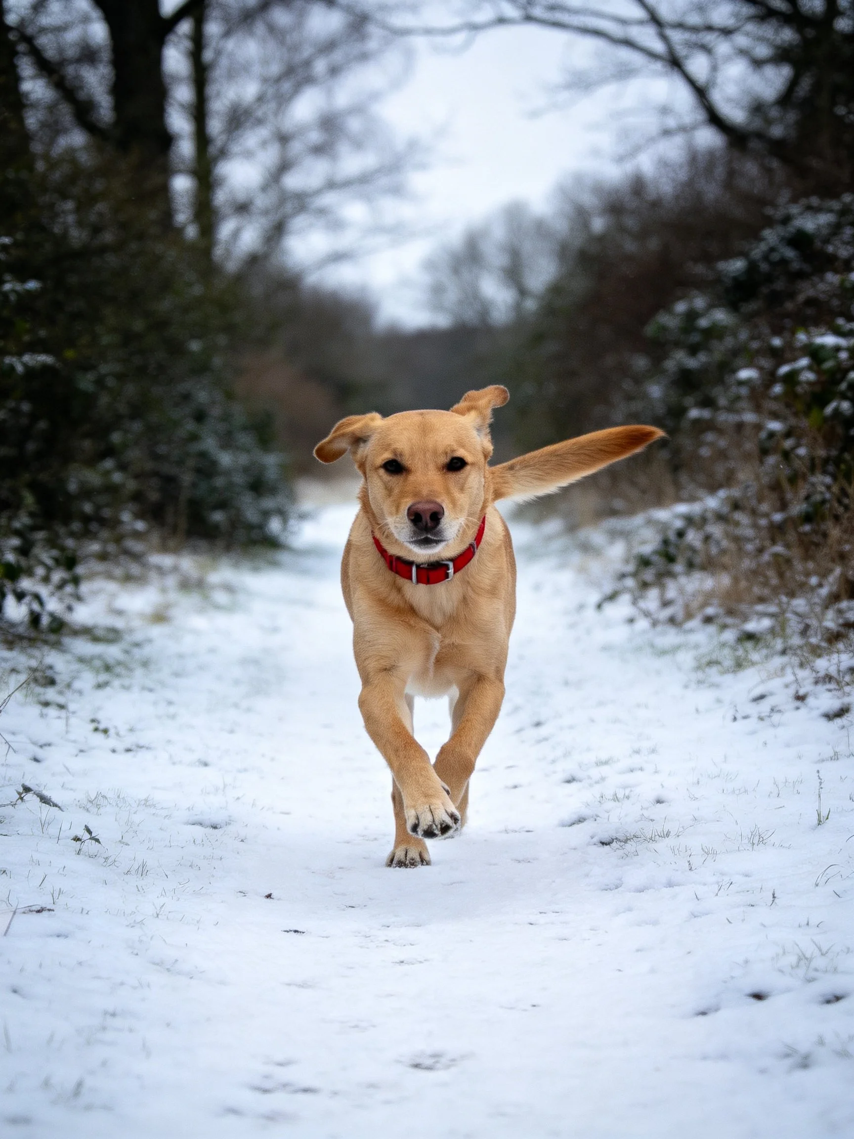 A golden retriever runs energetically on a snow-laden forest path