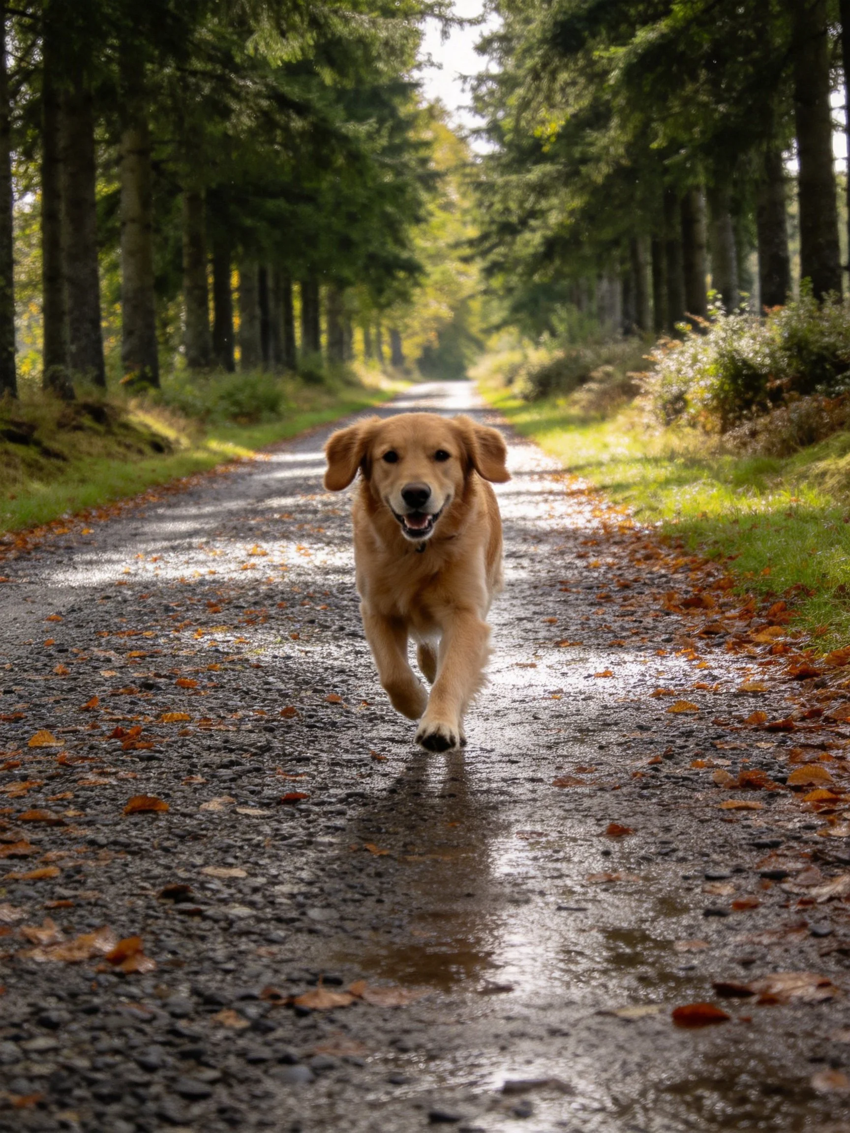 A golden retriever runs happily on a wet, leaf-littered forest road flanked by tall trees