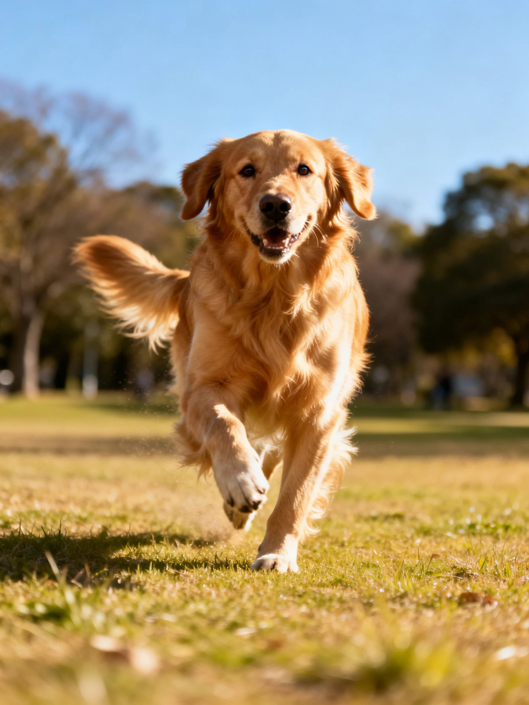 A golden retriever runs energetically in a sunny park.