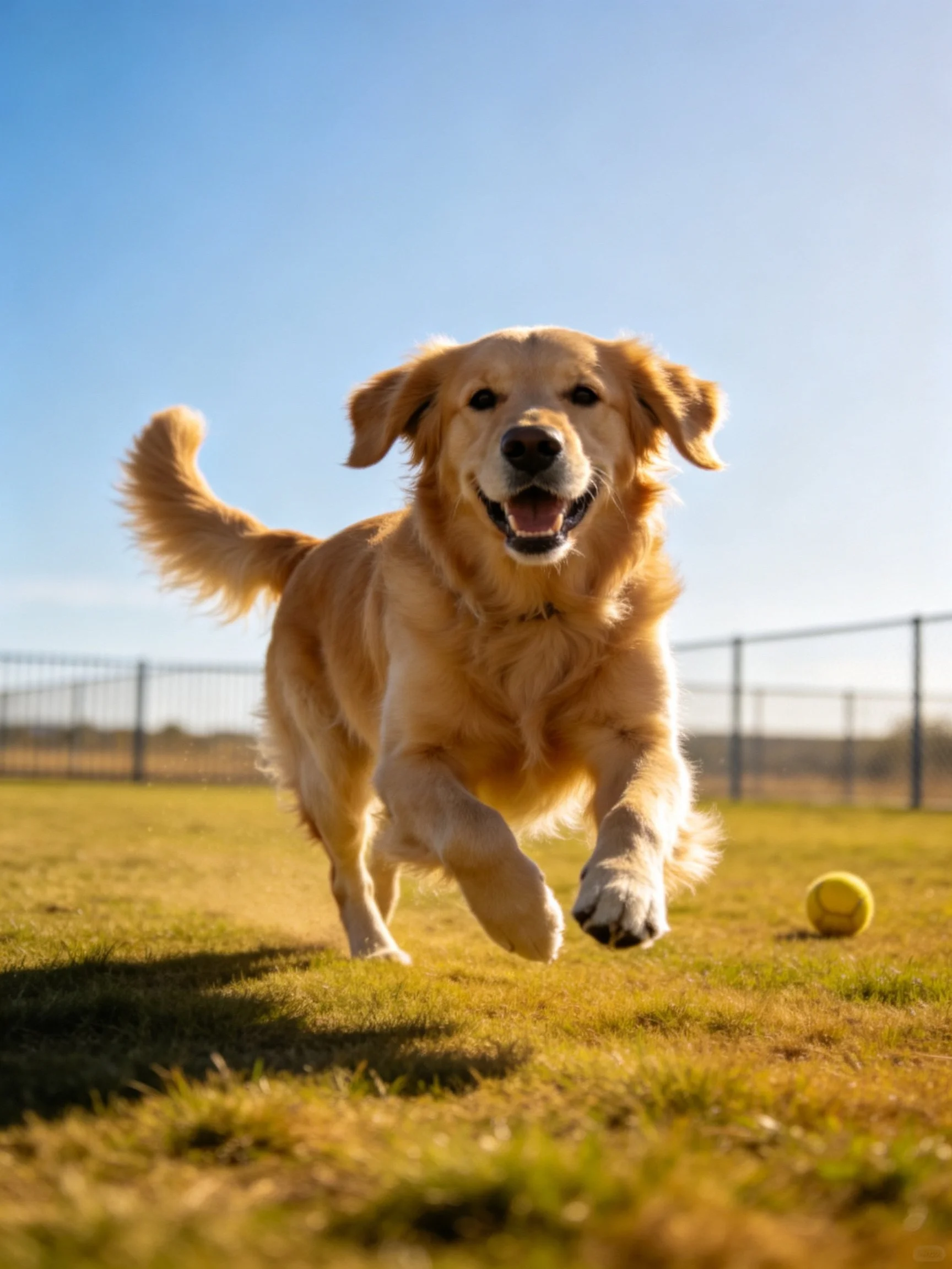 A golden retriever joyfully runs toward the camera near a yellow tennis ball.