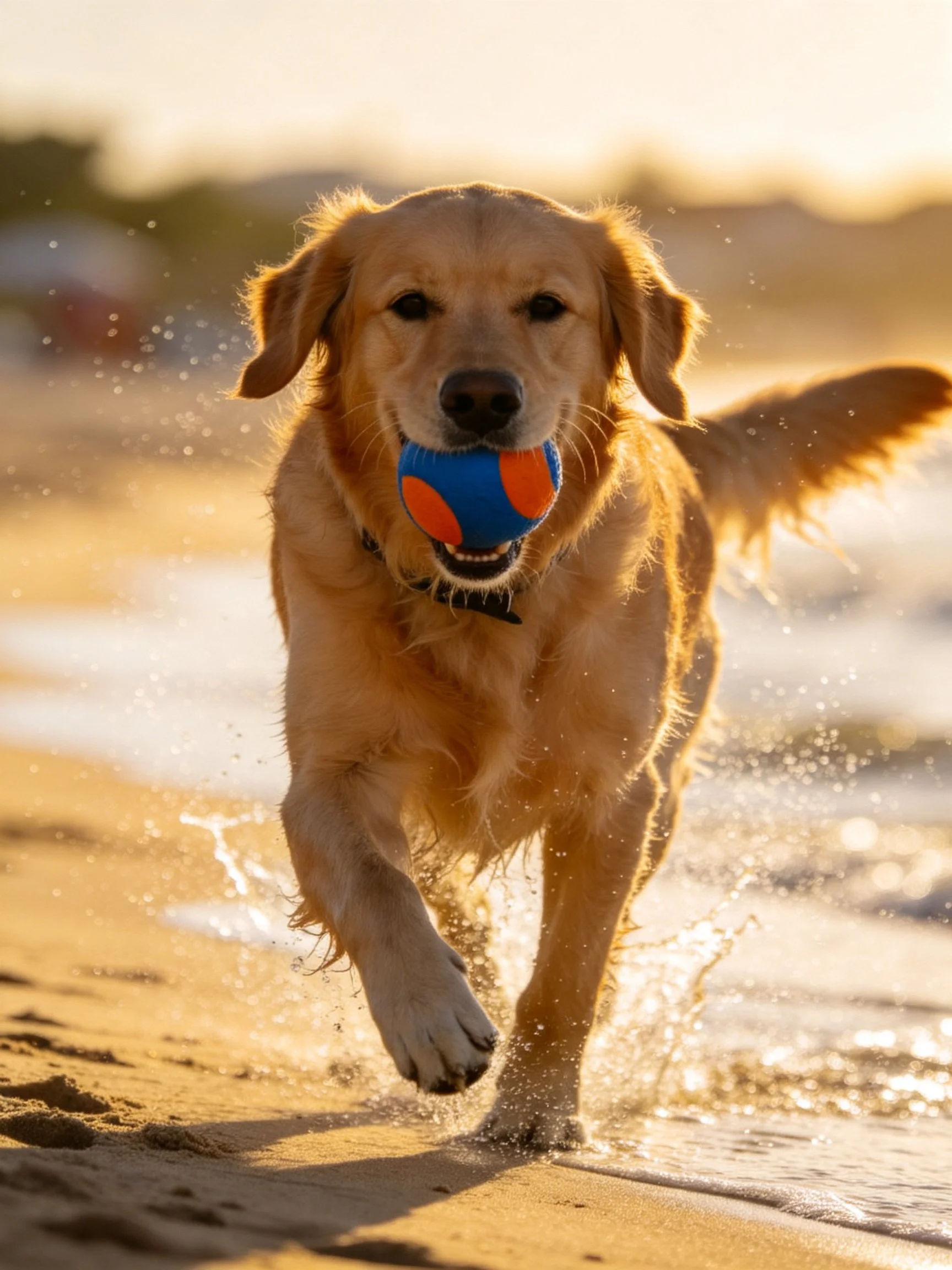 A golden retriever carries a colorful ball whilerunning along a sandy beach shoreline.