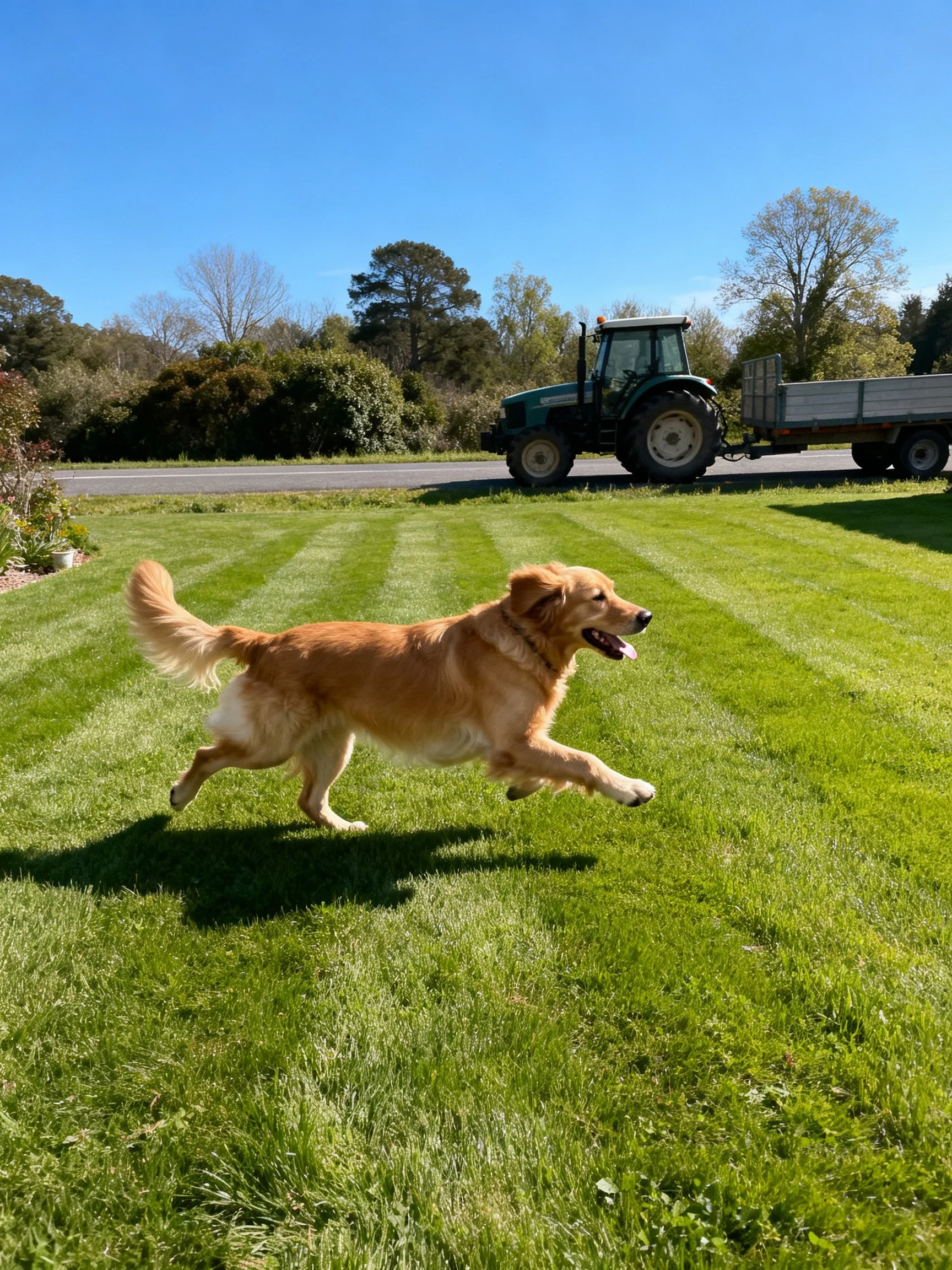 A golden retriever dashes across neatly trimmed grass with a tractor in the sunny background.