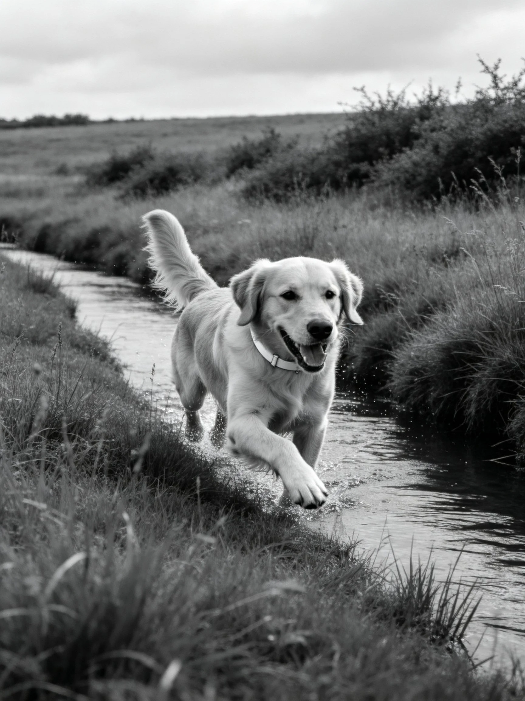 A golden retriever dashes through a narrow waterway in a grassy setting.