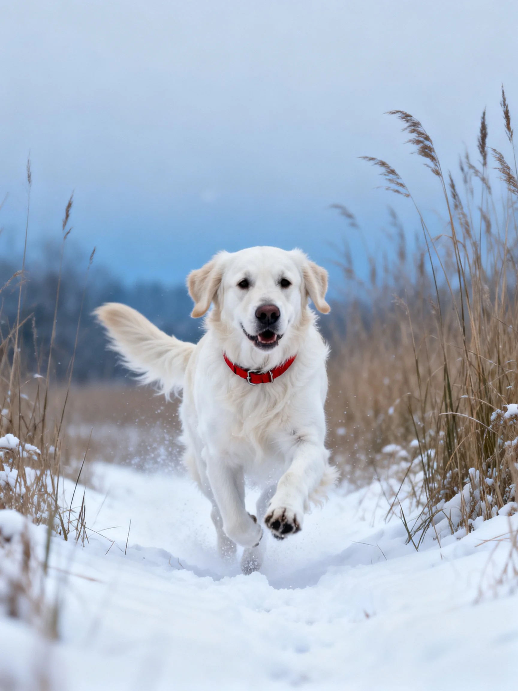 A golden retriever joyfully runs through a snowy landscape with tall grasses