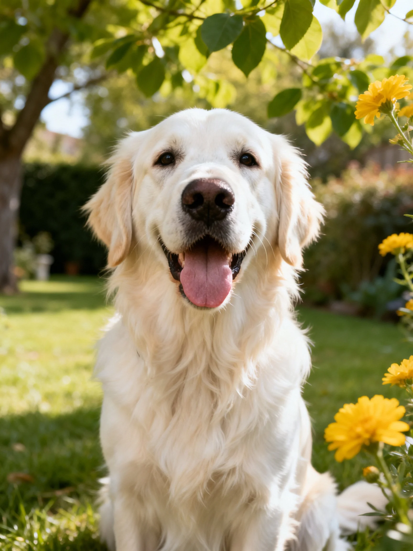 A golden retriever relaxes in a sunlit garden with yellow flowers nearby.