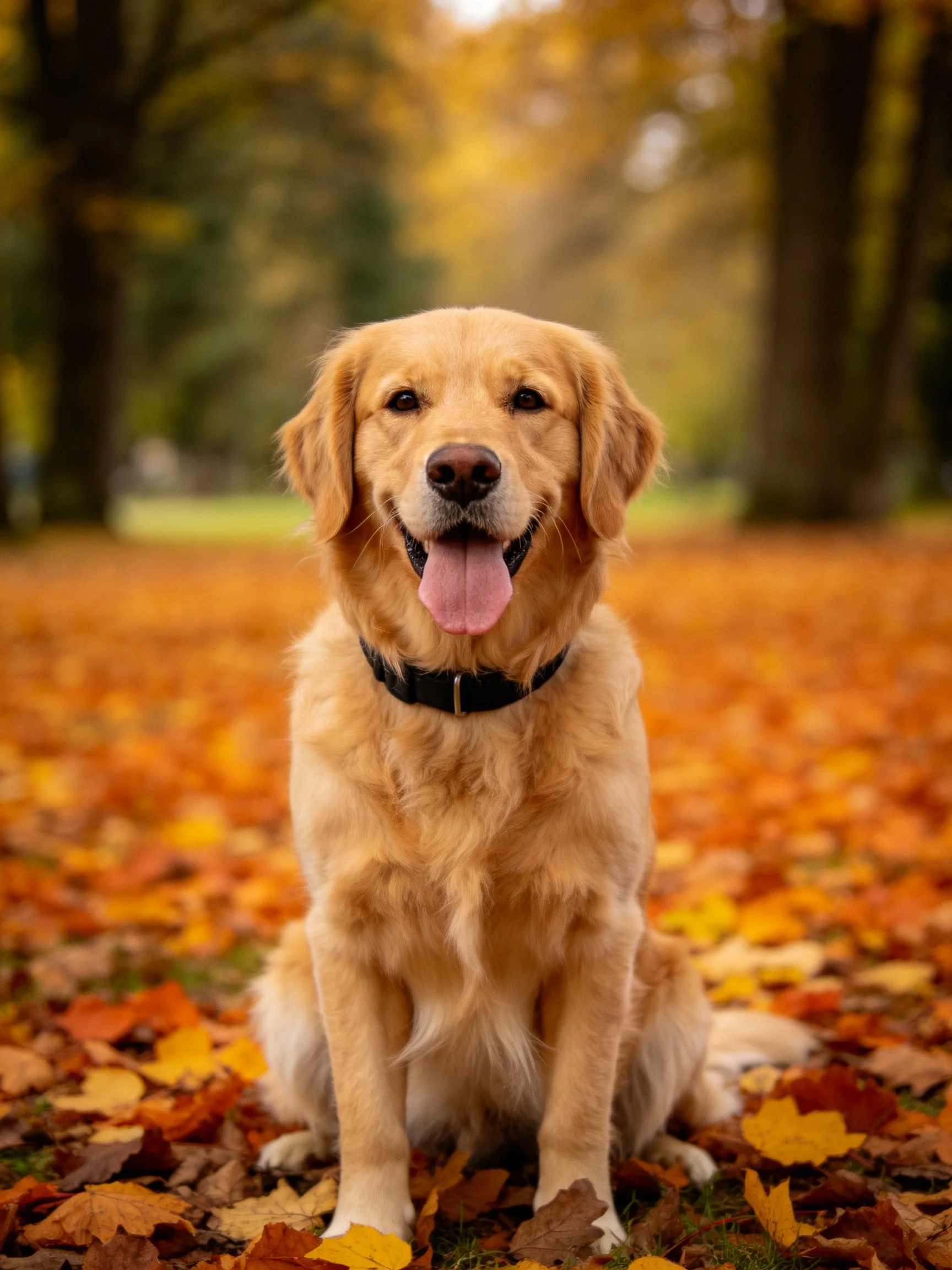 A golden retriever sits peacefully among fallen autumn leaves in a sunlit park.