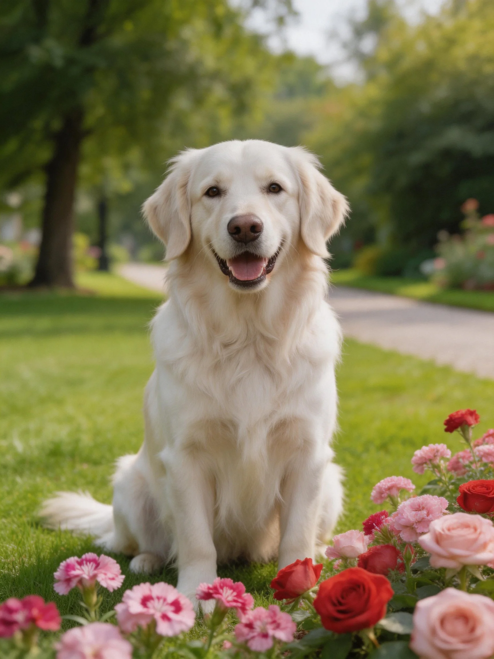 A golden retriever sits calmly amid vibrant flowers in a sunlit outdoor setting.