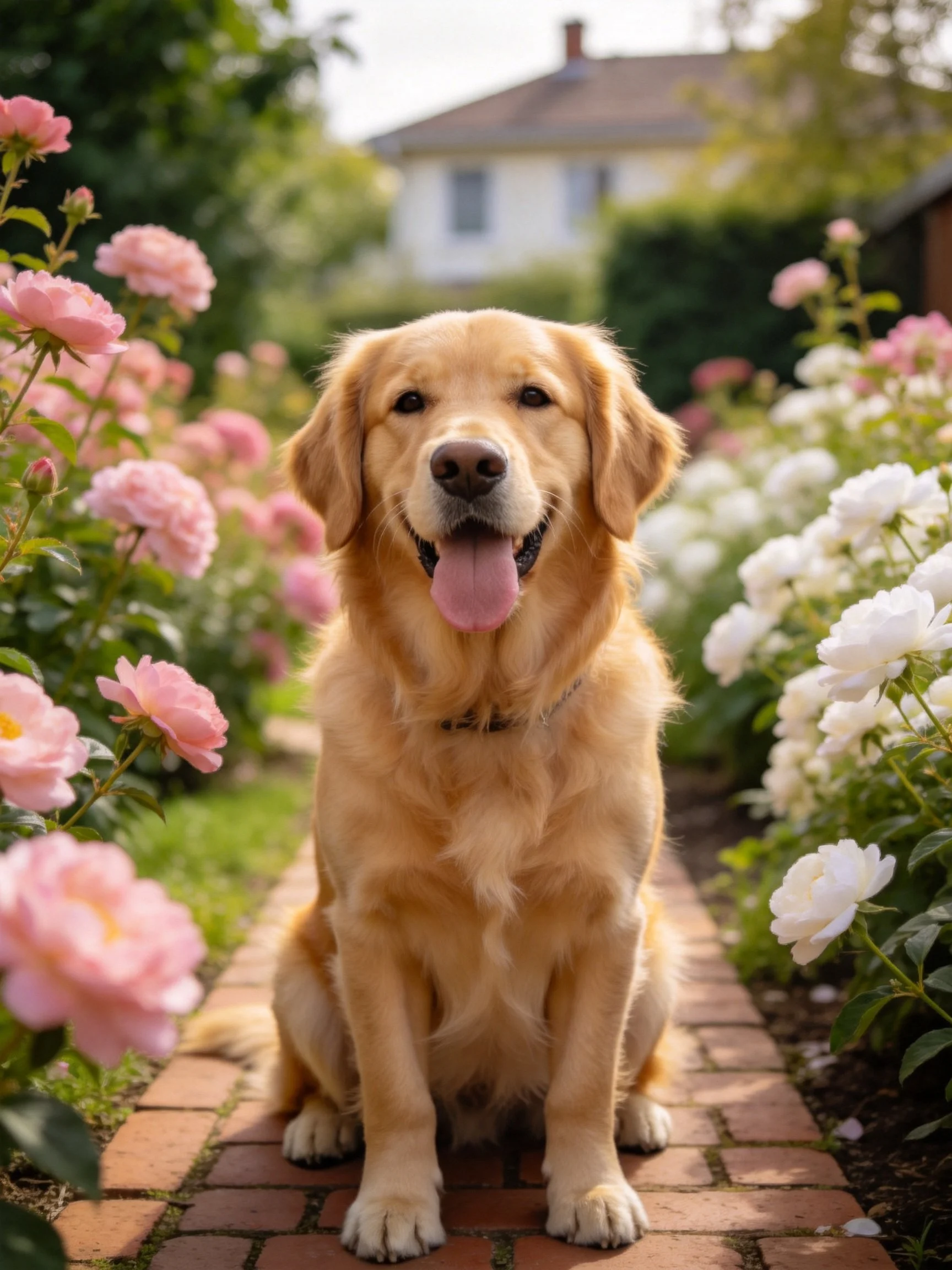 A golden retriever sits contentedly between pink and white flower beds
