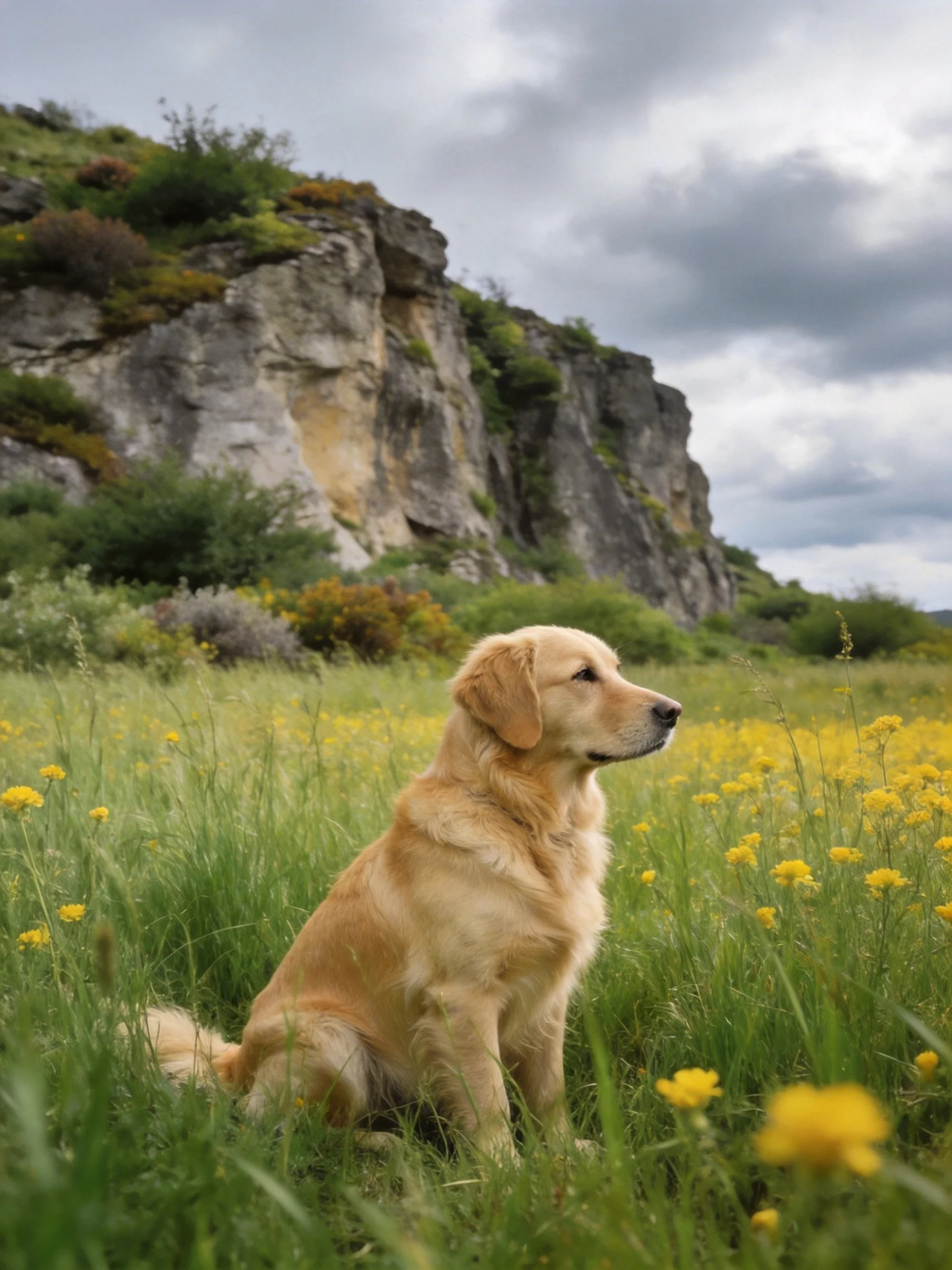 A golden retriever sits calmly among yellow wildflowers near a rocky cliff.