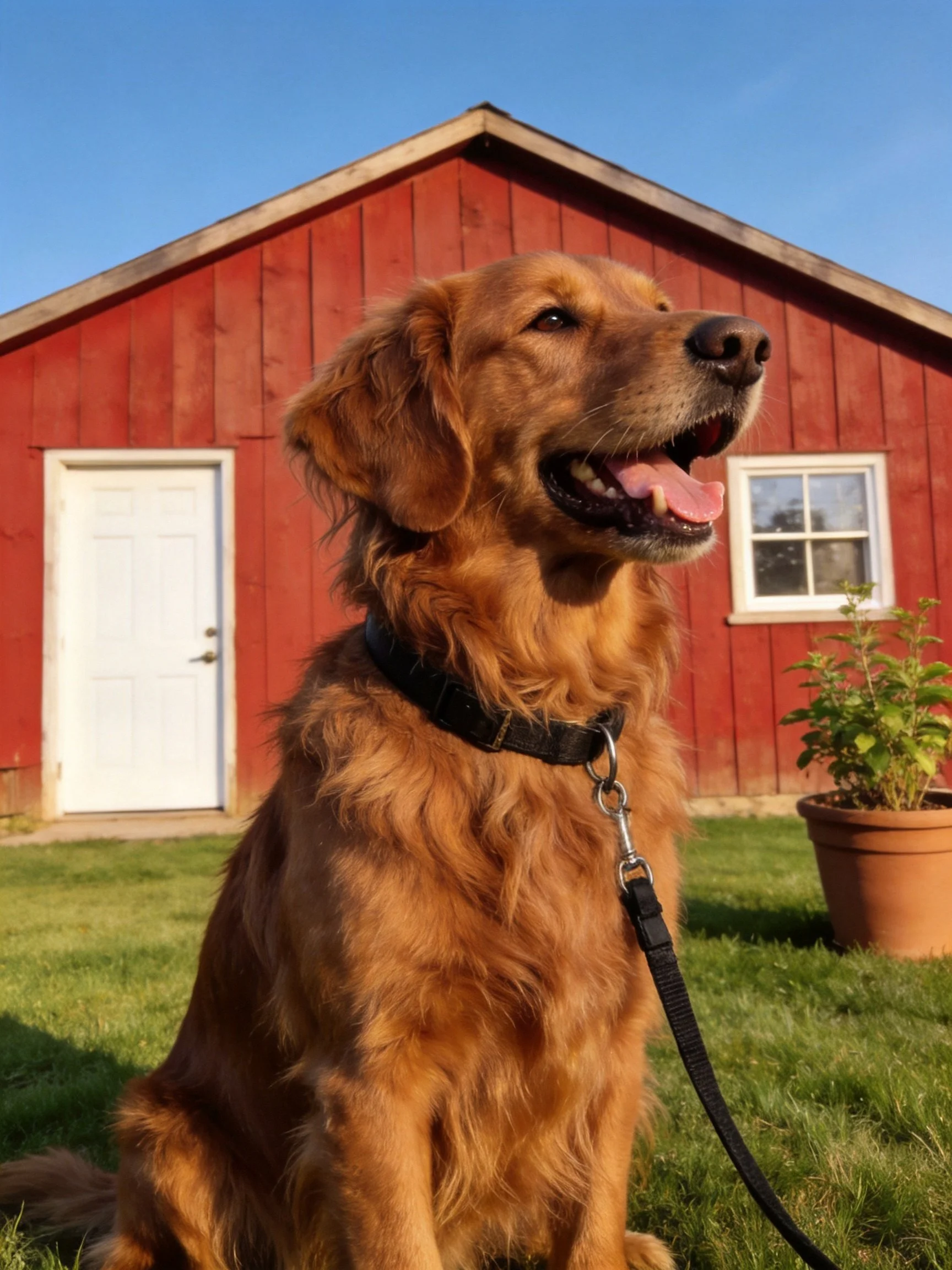 A golden retriever sits happily outside a bright red barn on a sunny day.