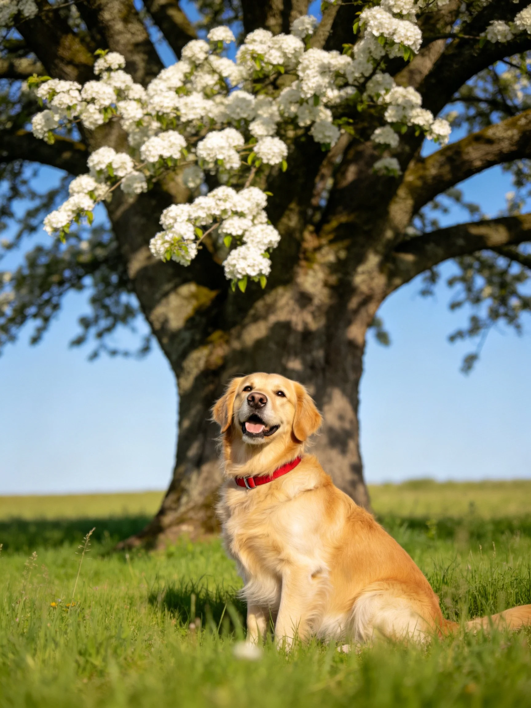 A golden retriever relaxes beside a large flowering tree in a sunlit field.