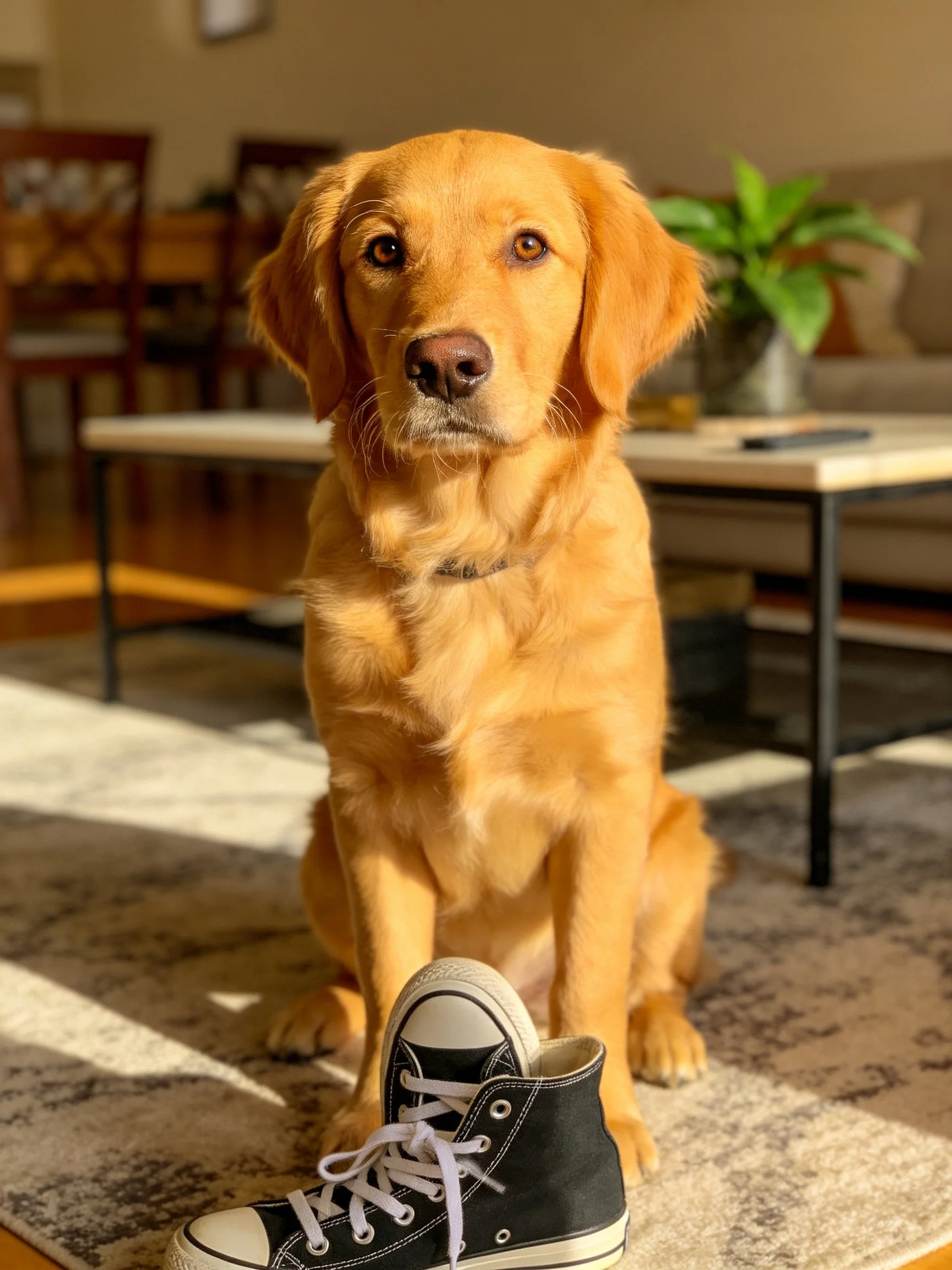 A golden retriever sits near a black sneaker in a sunlit living room.