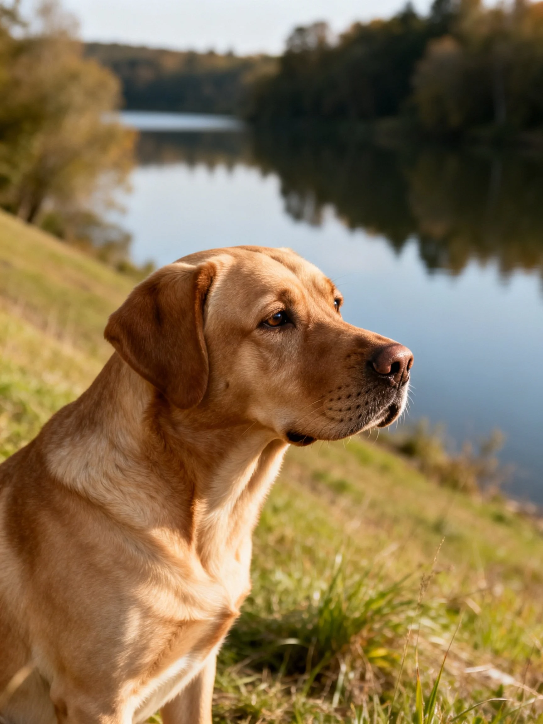 A golden retriever sits by a calm lake with lush green surroundings
