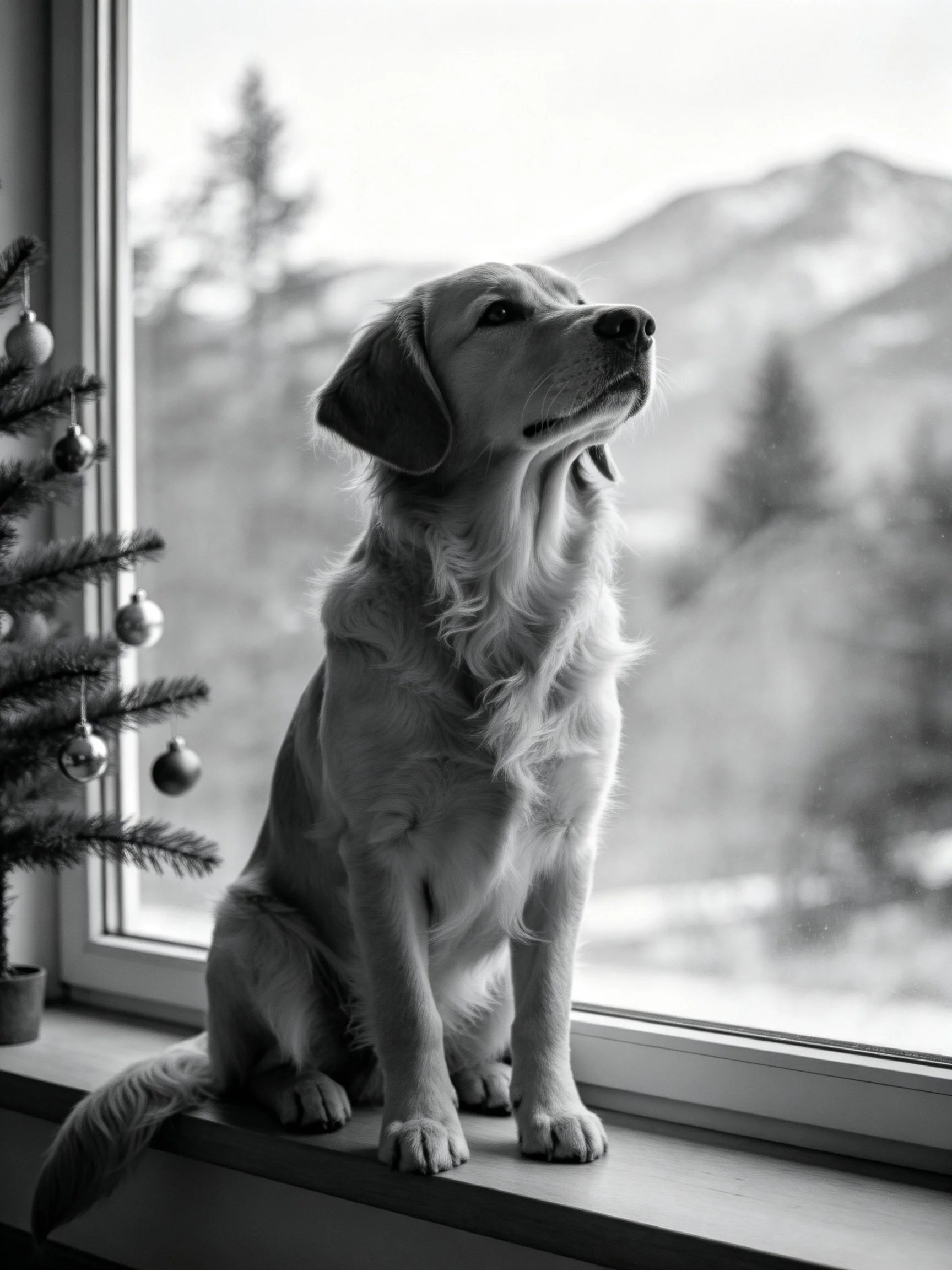 A golden retriever sits by a window with a small decorated tree, overlooking snowy mountains.