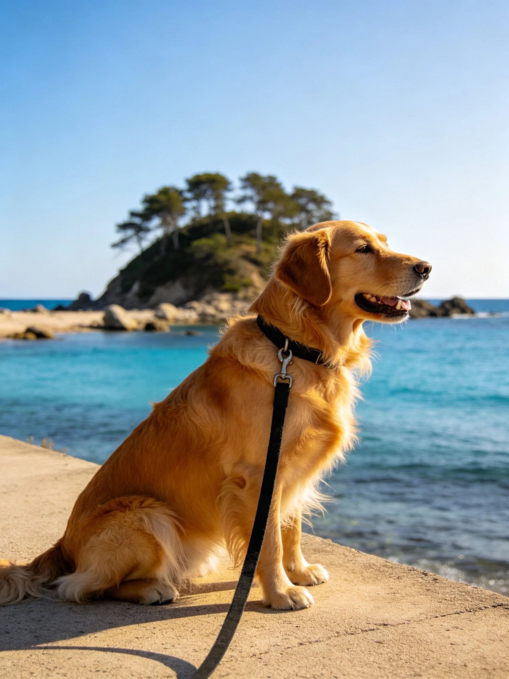 A golden retriever sits calmly by the sea near a rocky island.