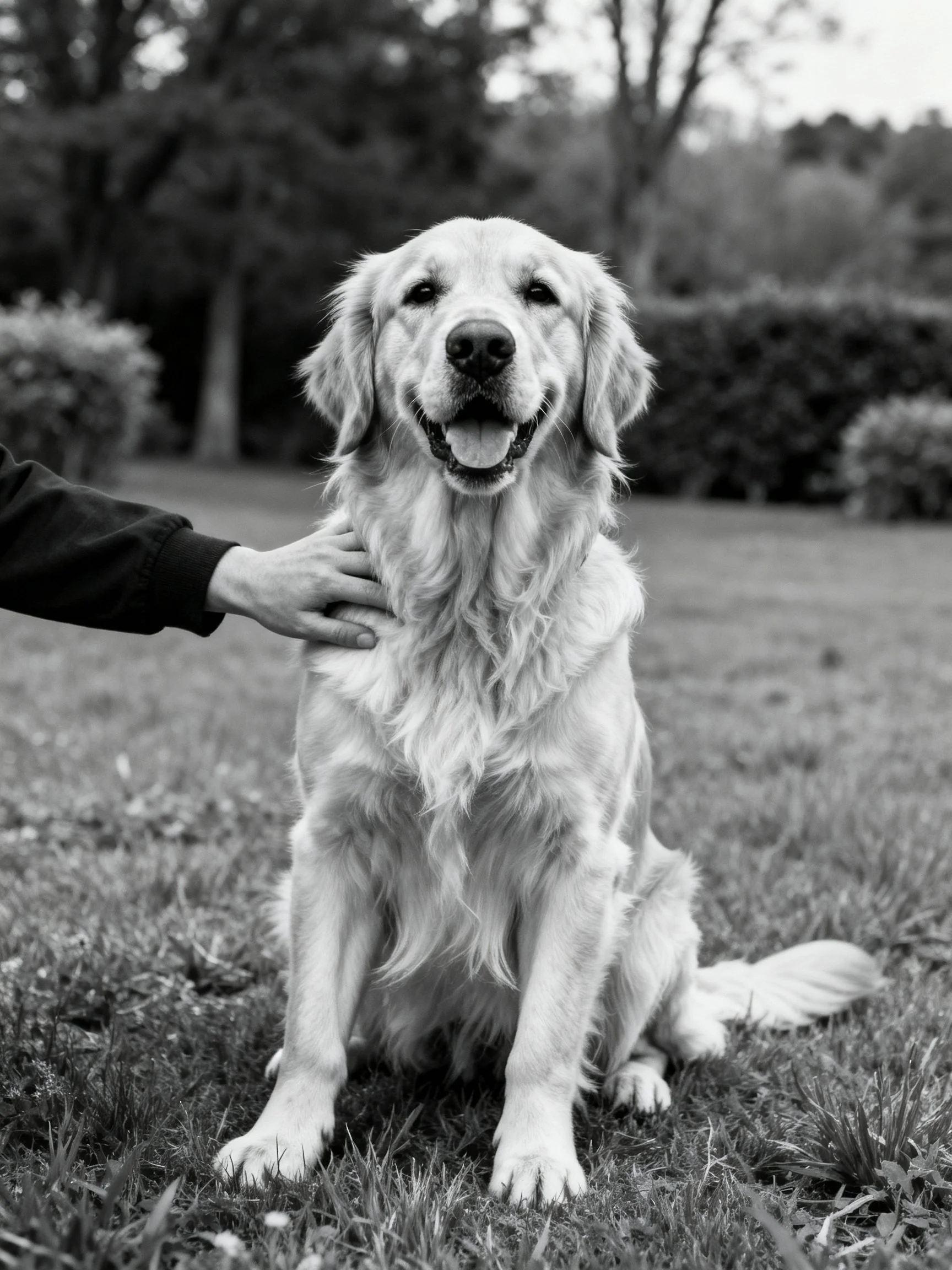 A golden retriever sits calmly as a hand pets it on grass