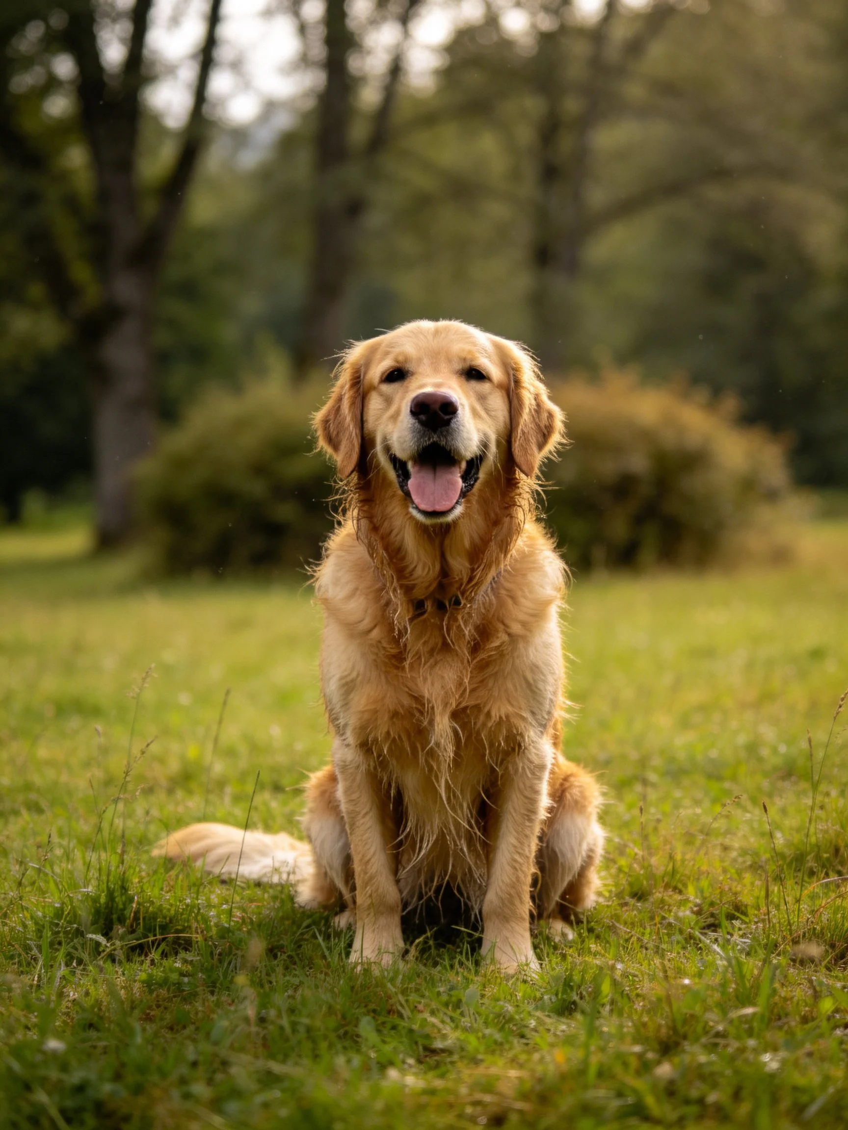 A golden retriever sits contentedly on lush green grass