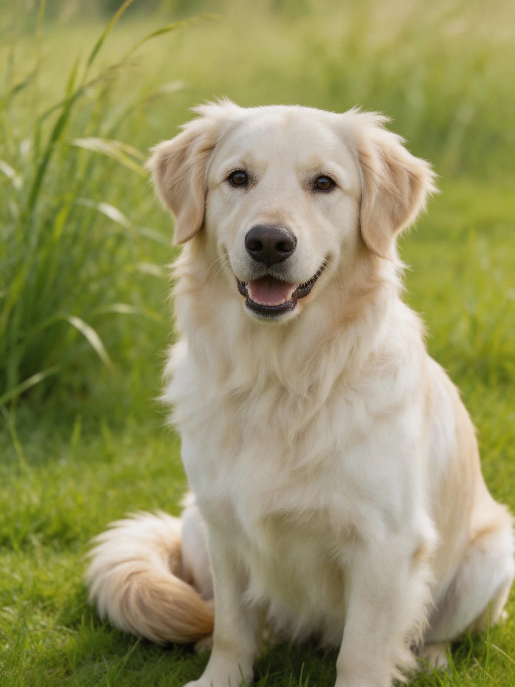 A golden retriever rests peacefully amid verdant surroundings.