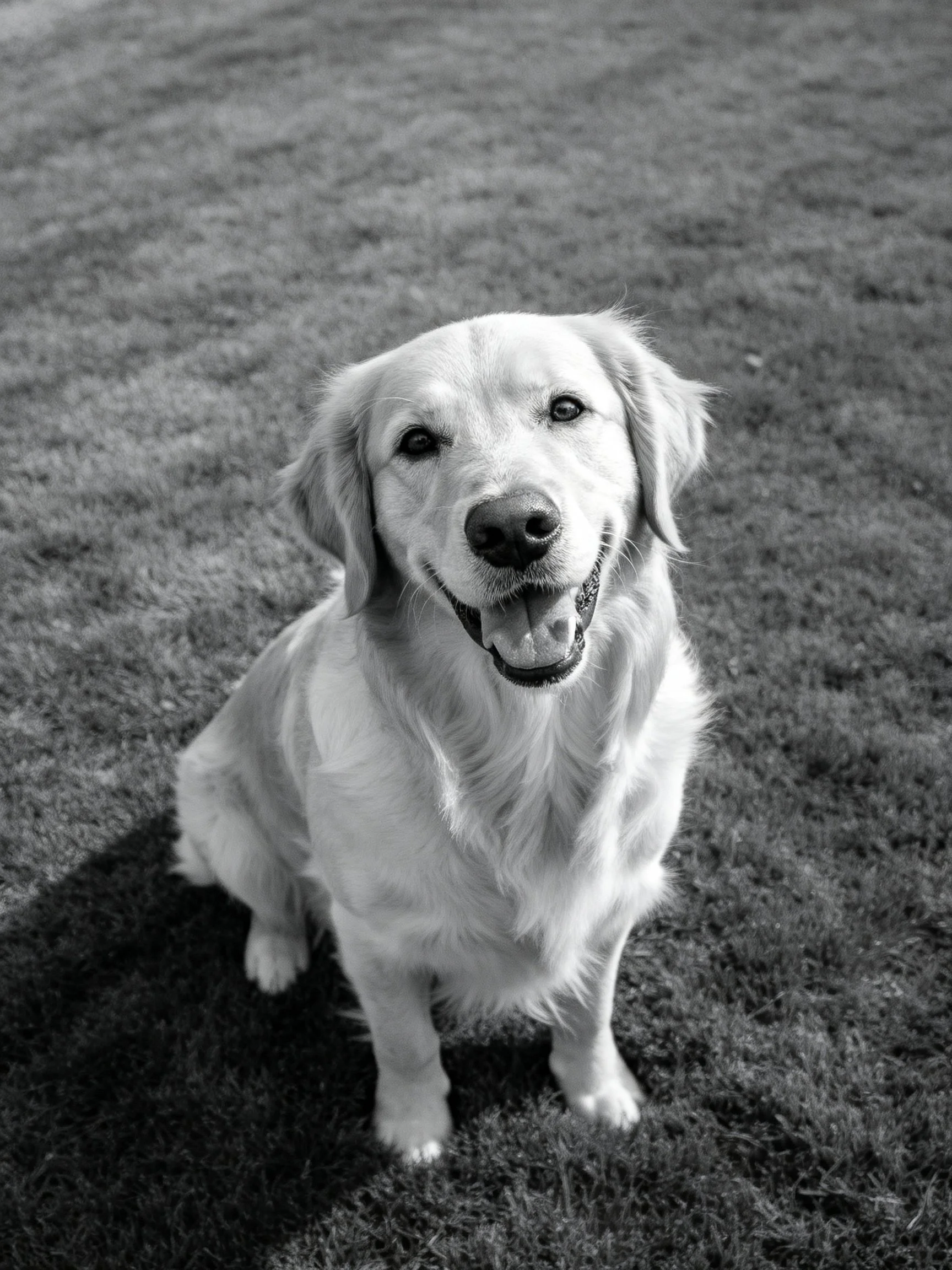 A golden retriever sits happily on grass in a black and white photograph.
