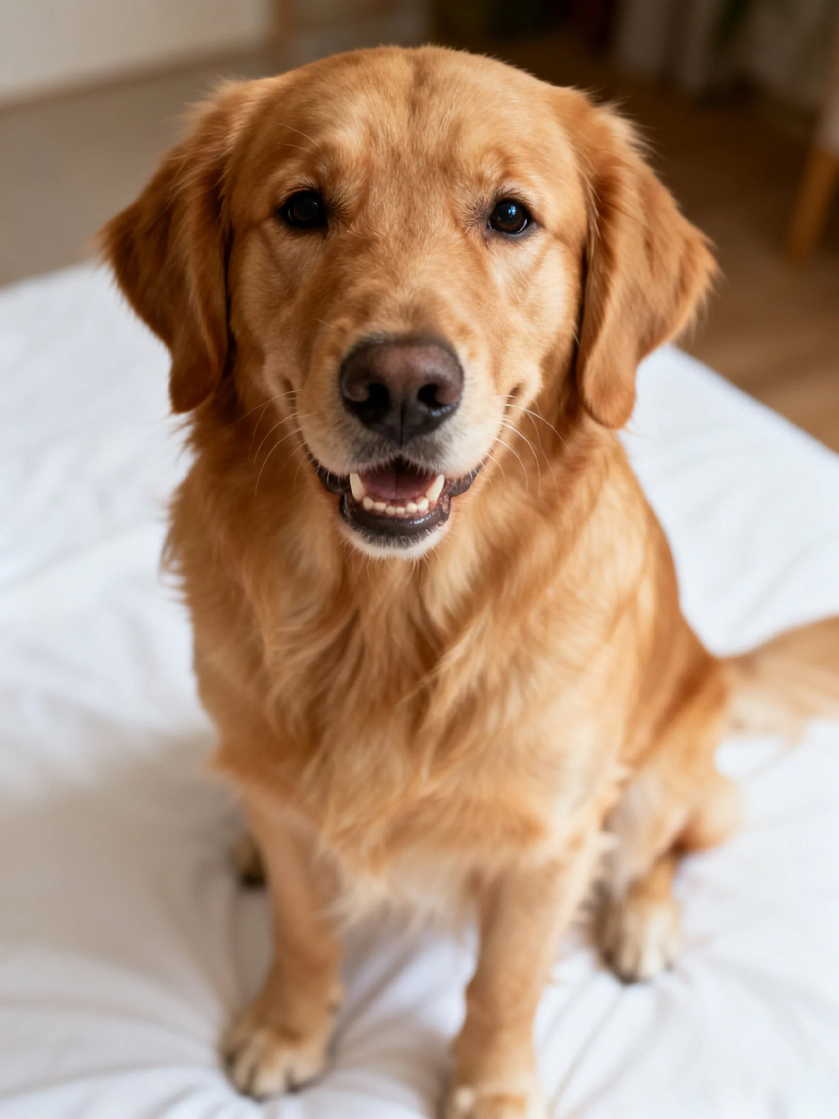 A golden retriever sits happily on a white cushioned surface
