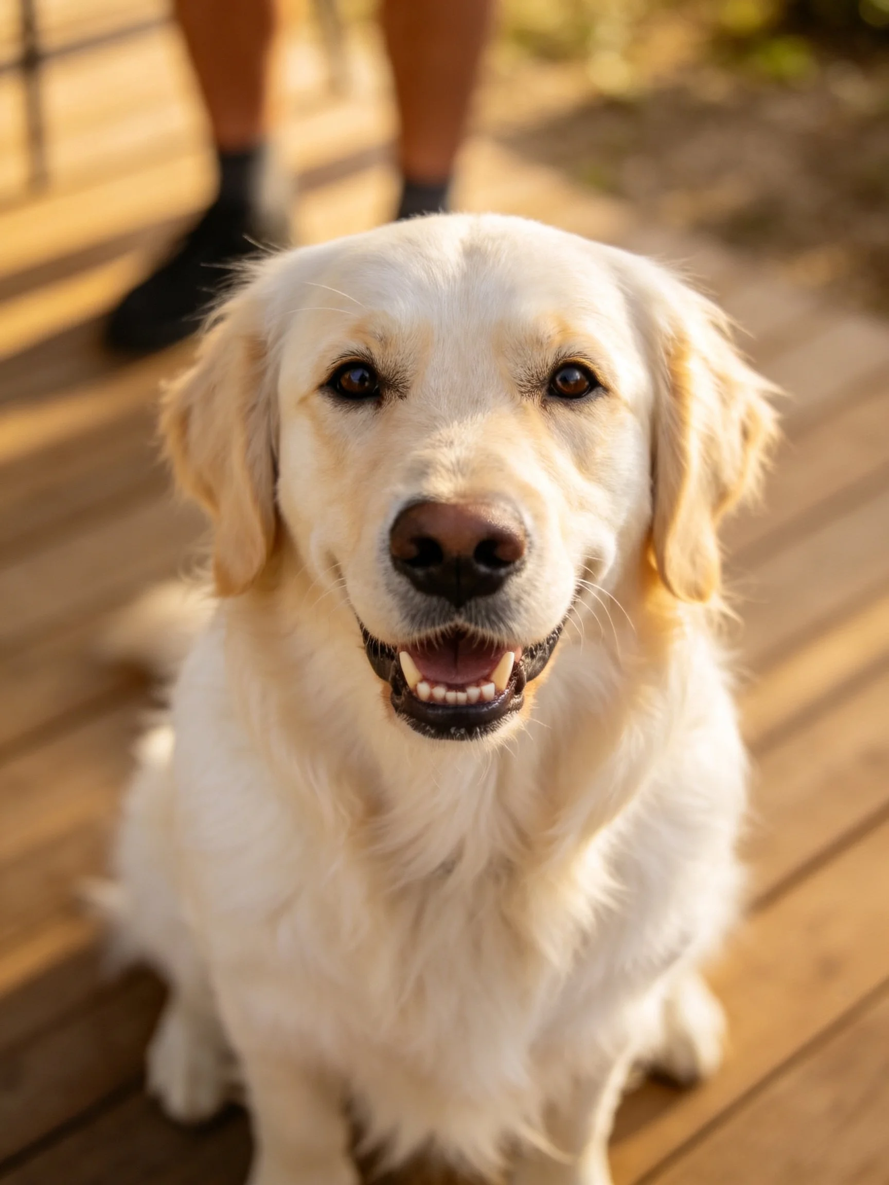 A golden retriever sits contentedly on a wooden deck near a person