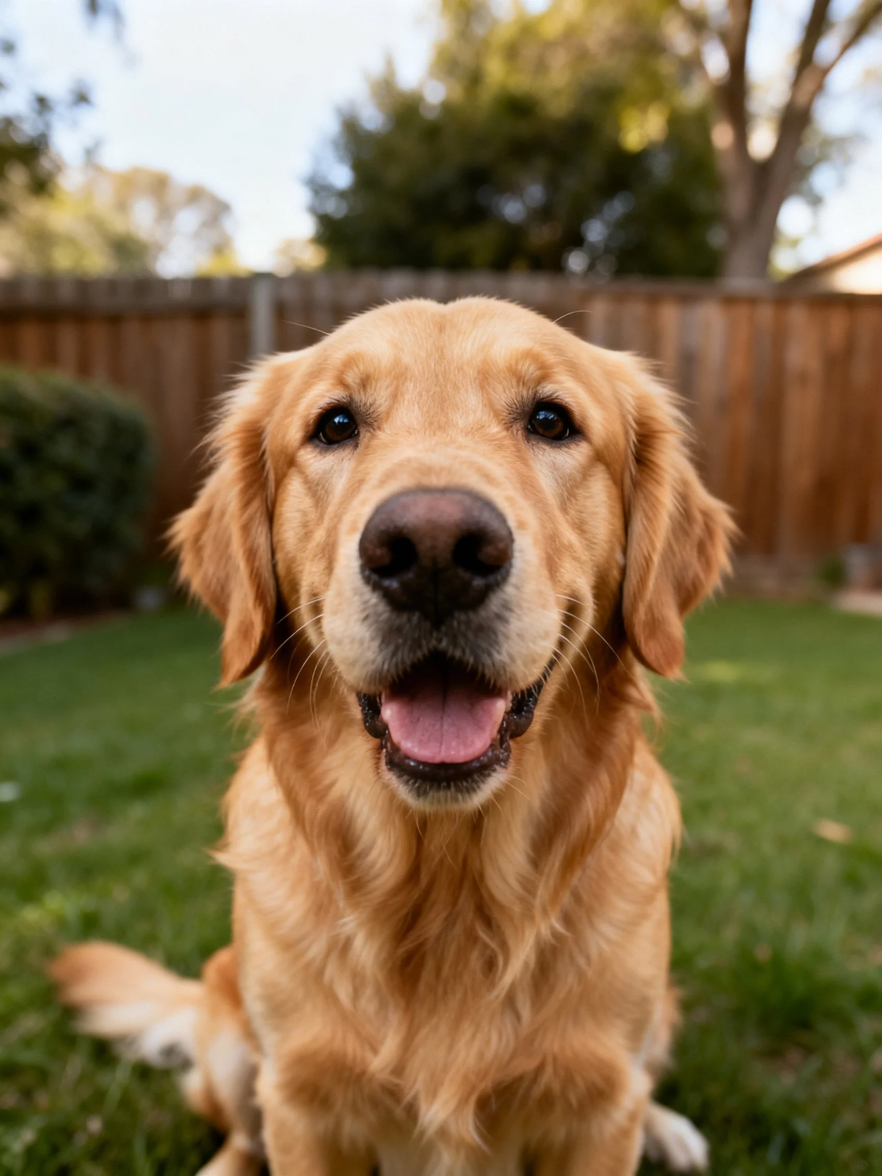 A golden retriever sits contentedly on grass in a fenced backyard.