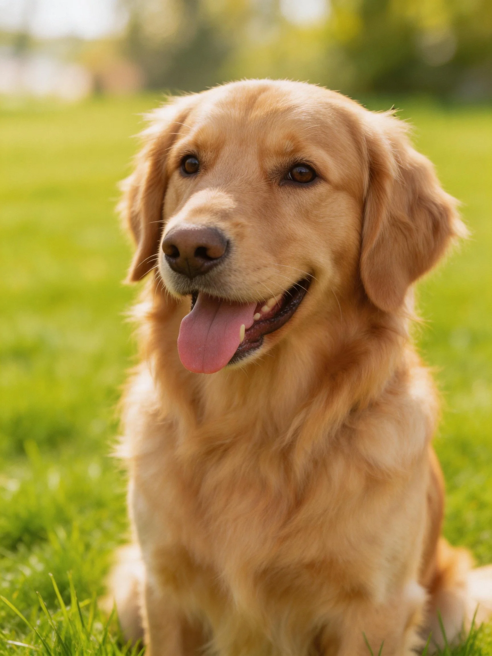 A golden retriever sits happily on lush green grass
