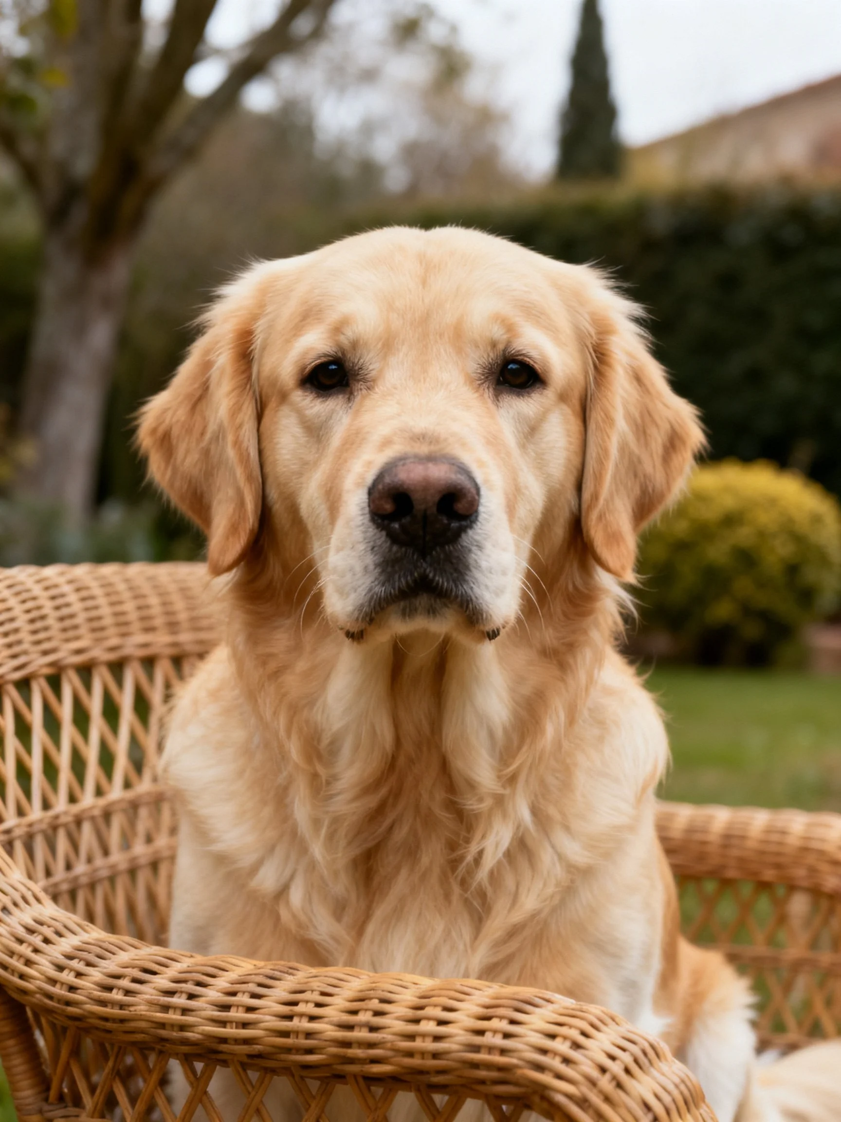A golden retriever rests calmly in a wicker chair with a garden backdrop.