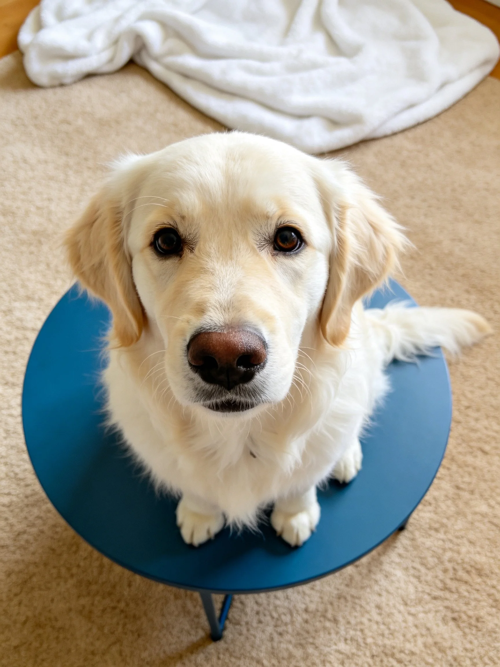 A golden retriever sits calmly on a small blue table in a cozy indoor environment.
