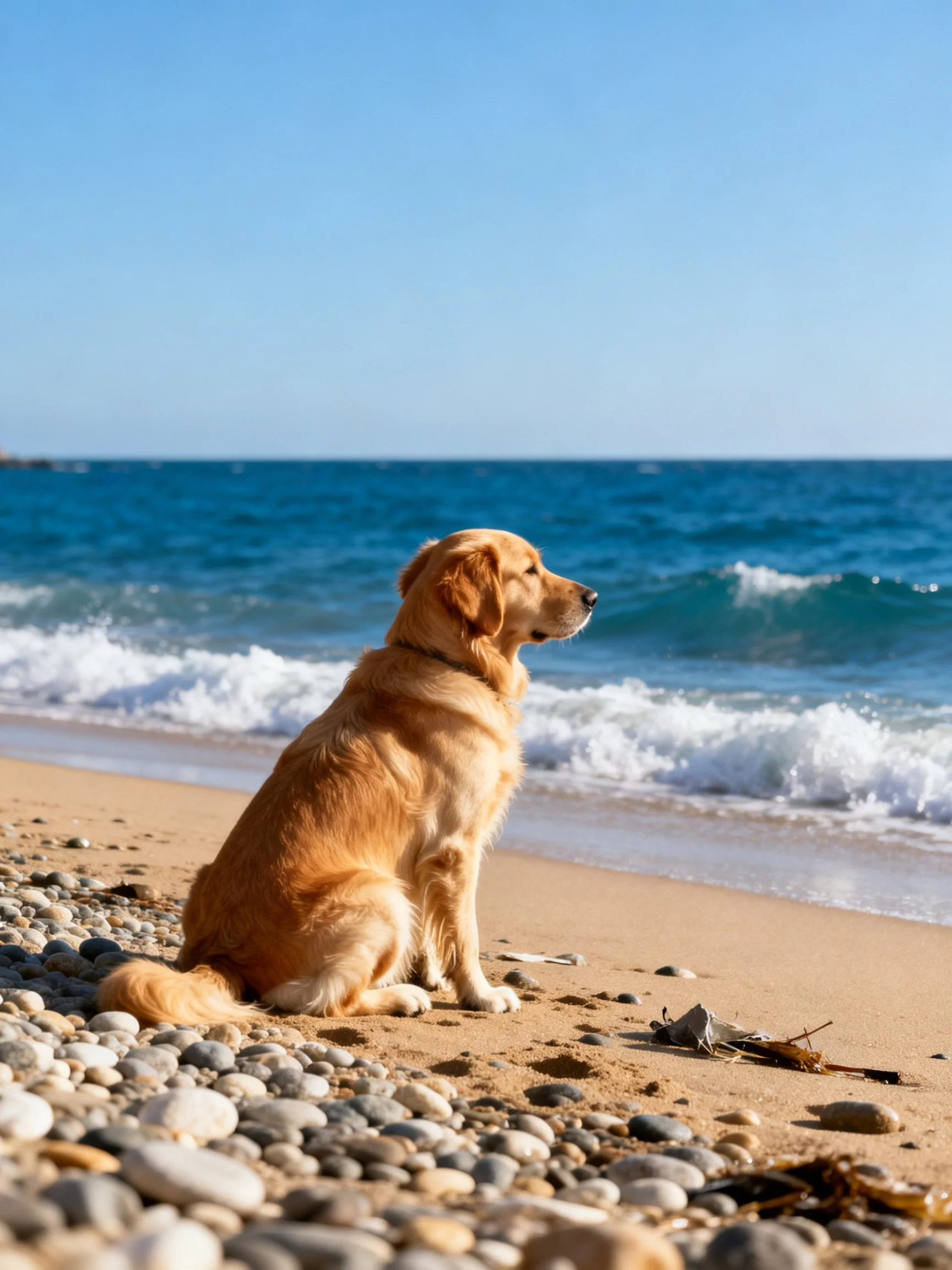 A golden retriever sits on a pebbly sandy beach near the blue ocean