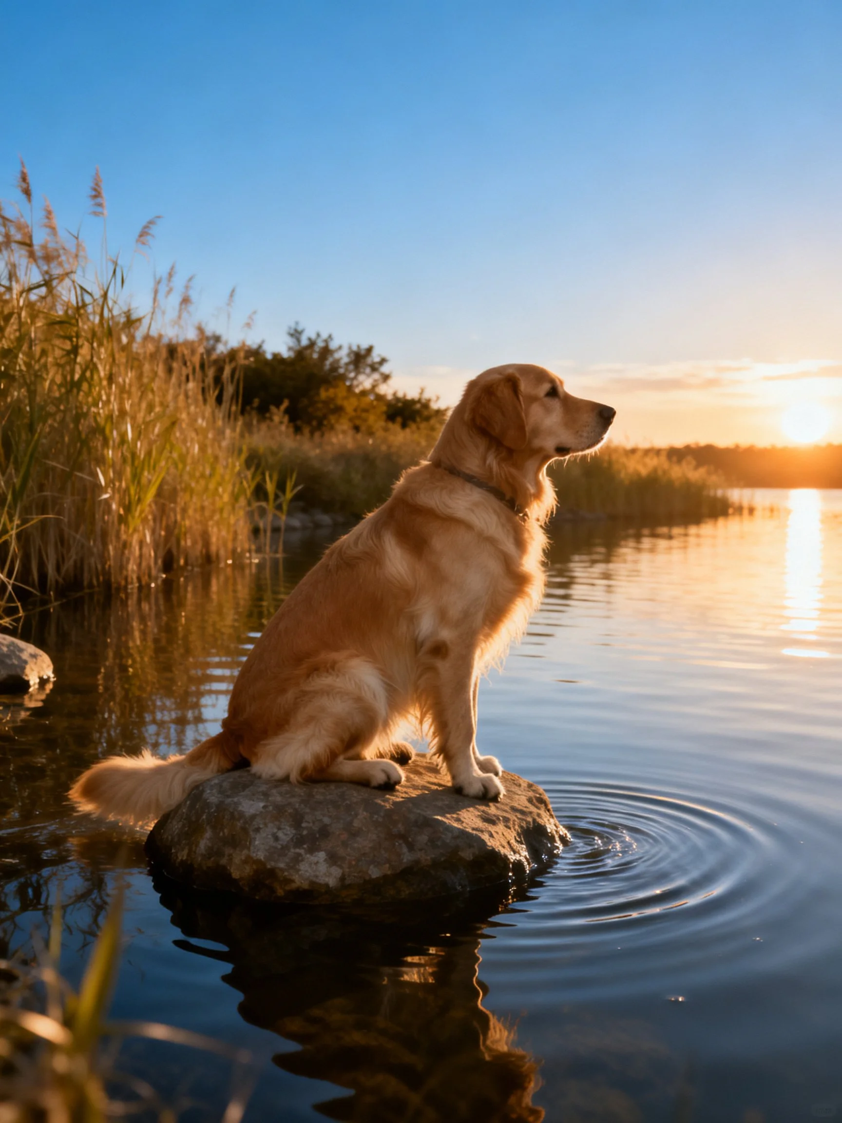 A golden retriever sits on a rock near a calm lake during sunset.