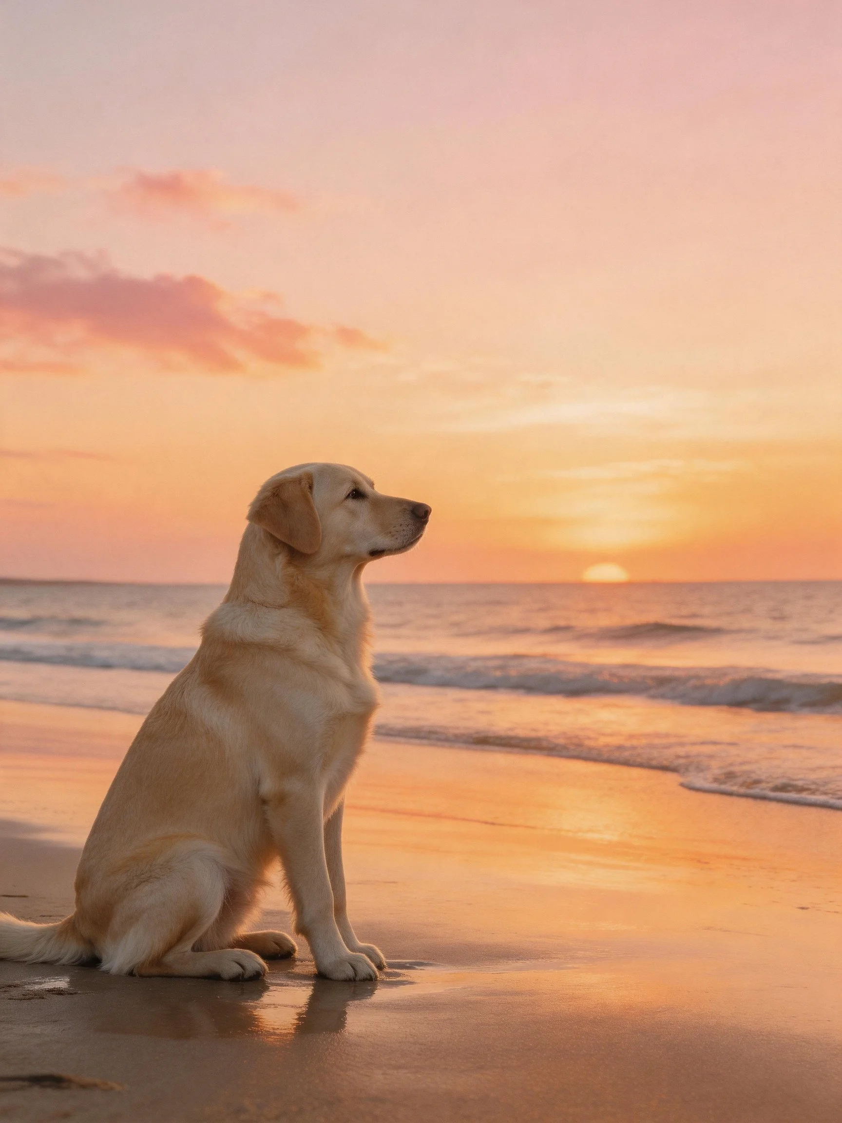 A golden retriever sits peacefully on a sandy beach as the sun sets.