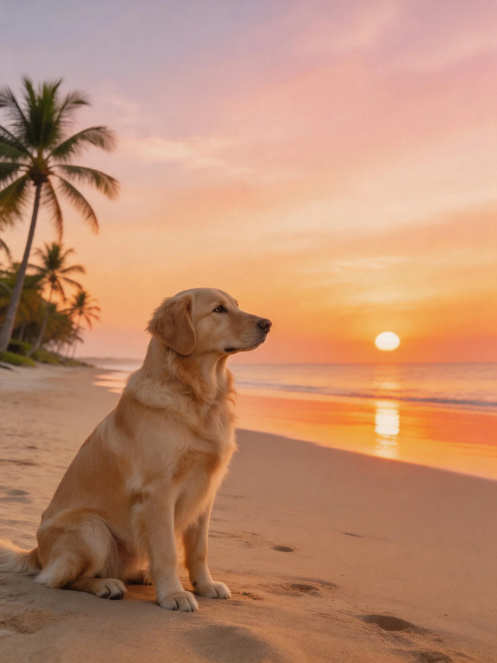 A golden retriever sits on a sandy beach as the sun sets over the ocean with palm trees nearby