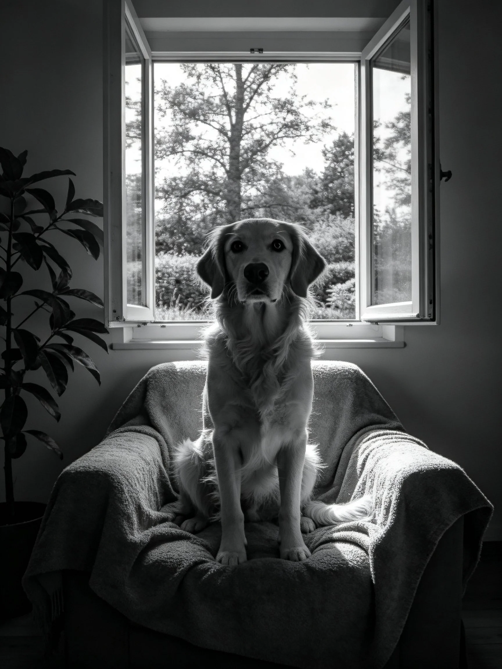 A golden retriever sits near an open window in a softly lit room with natural light.