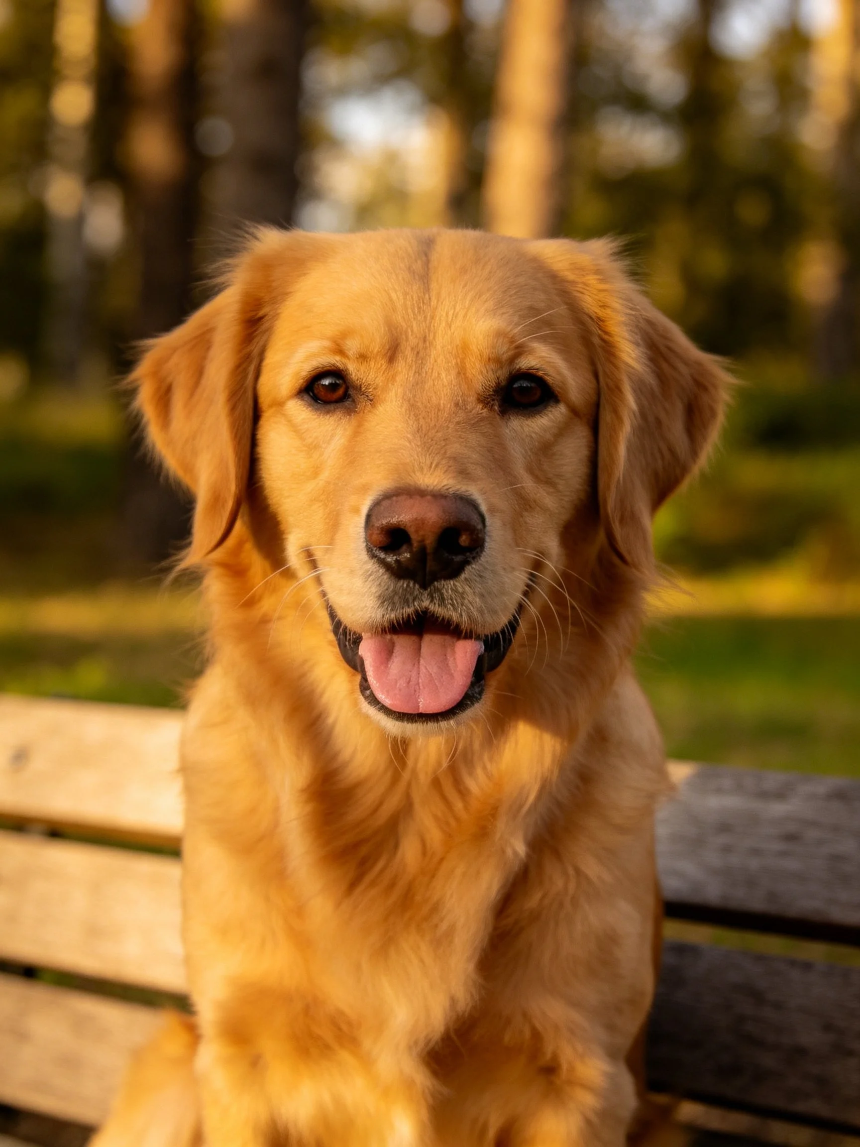 A golden retriever relaxes on a wooden bench in a sunlit natural setting.