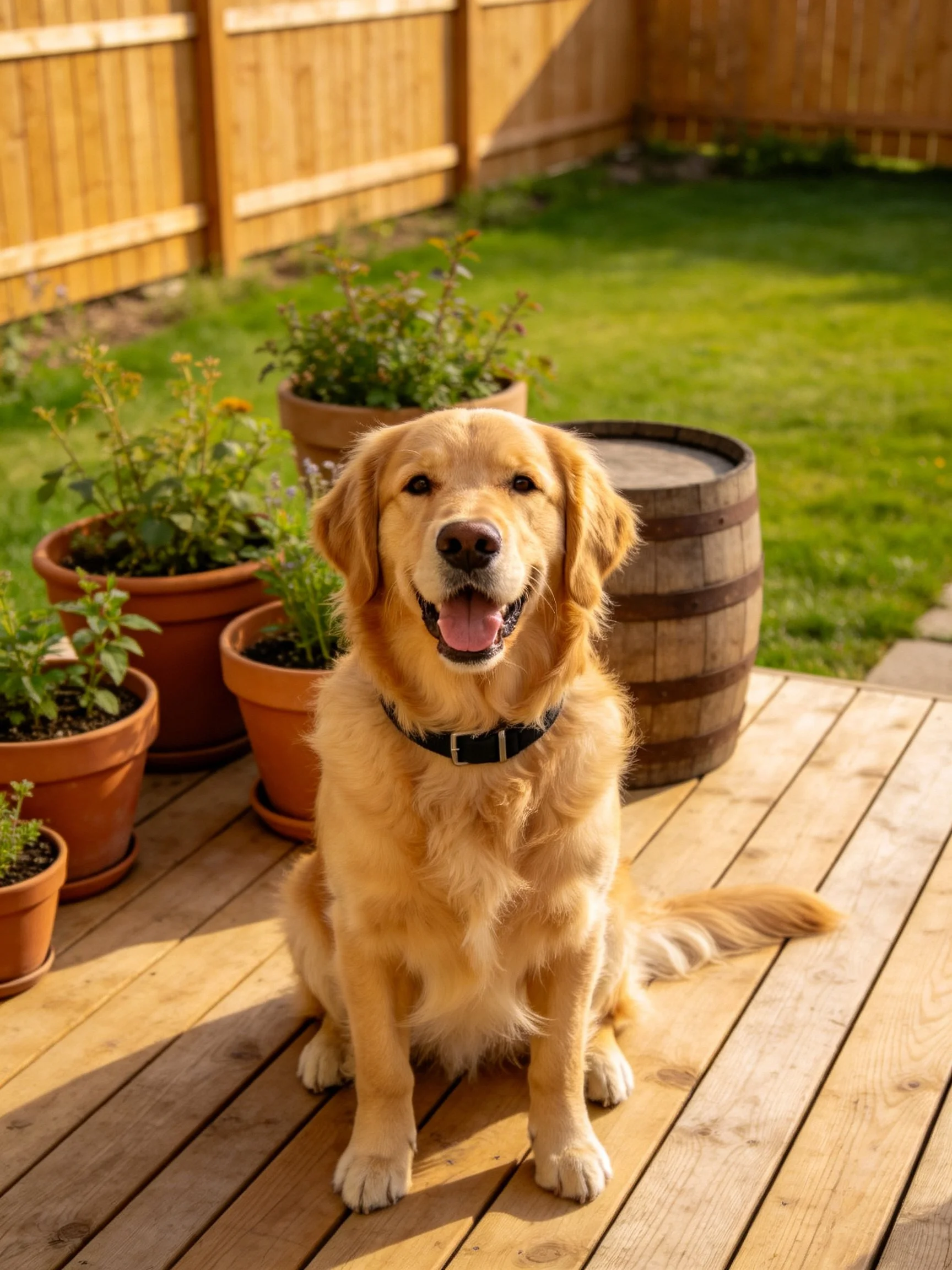 A golden retriever sits happily on a wooden deck surrounded by potted plants
