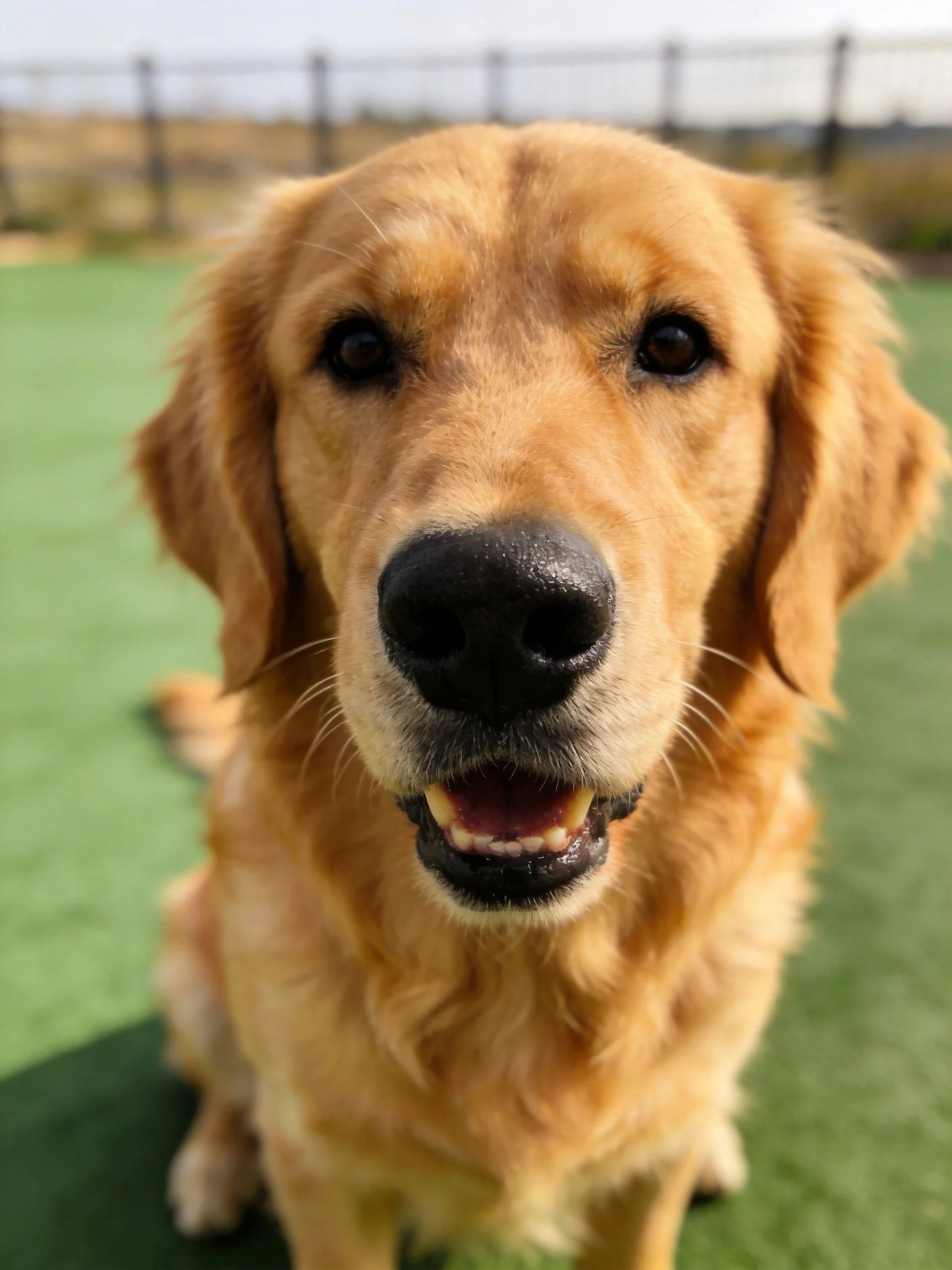 A golden retriever sits on green turf in an outdoor area with a blurred fence.