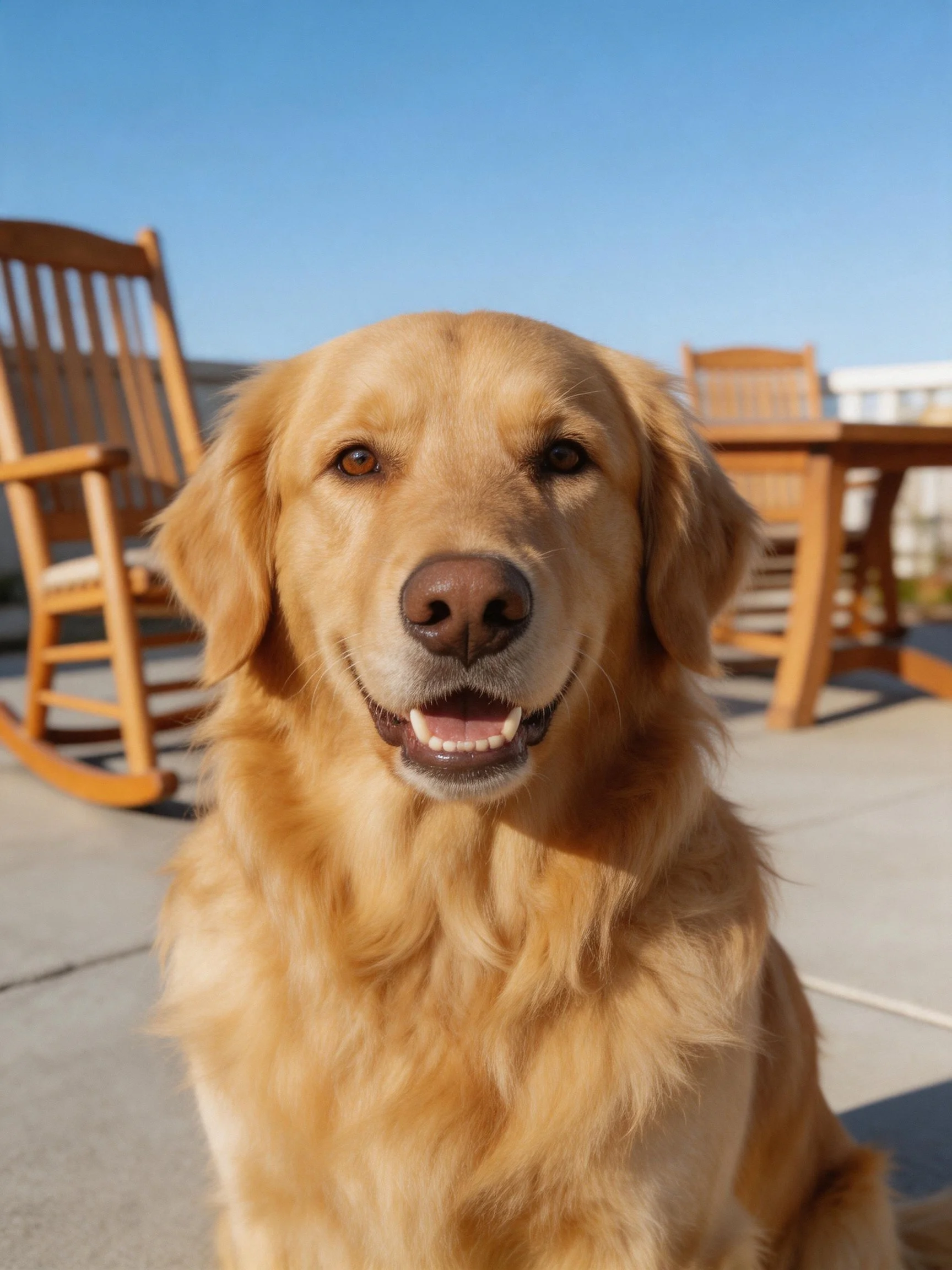 A golden retriever sits outdoors near wooden patio furniture